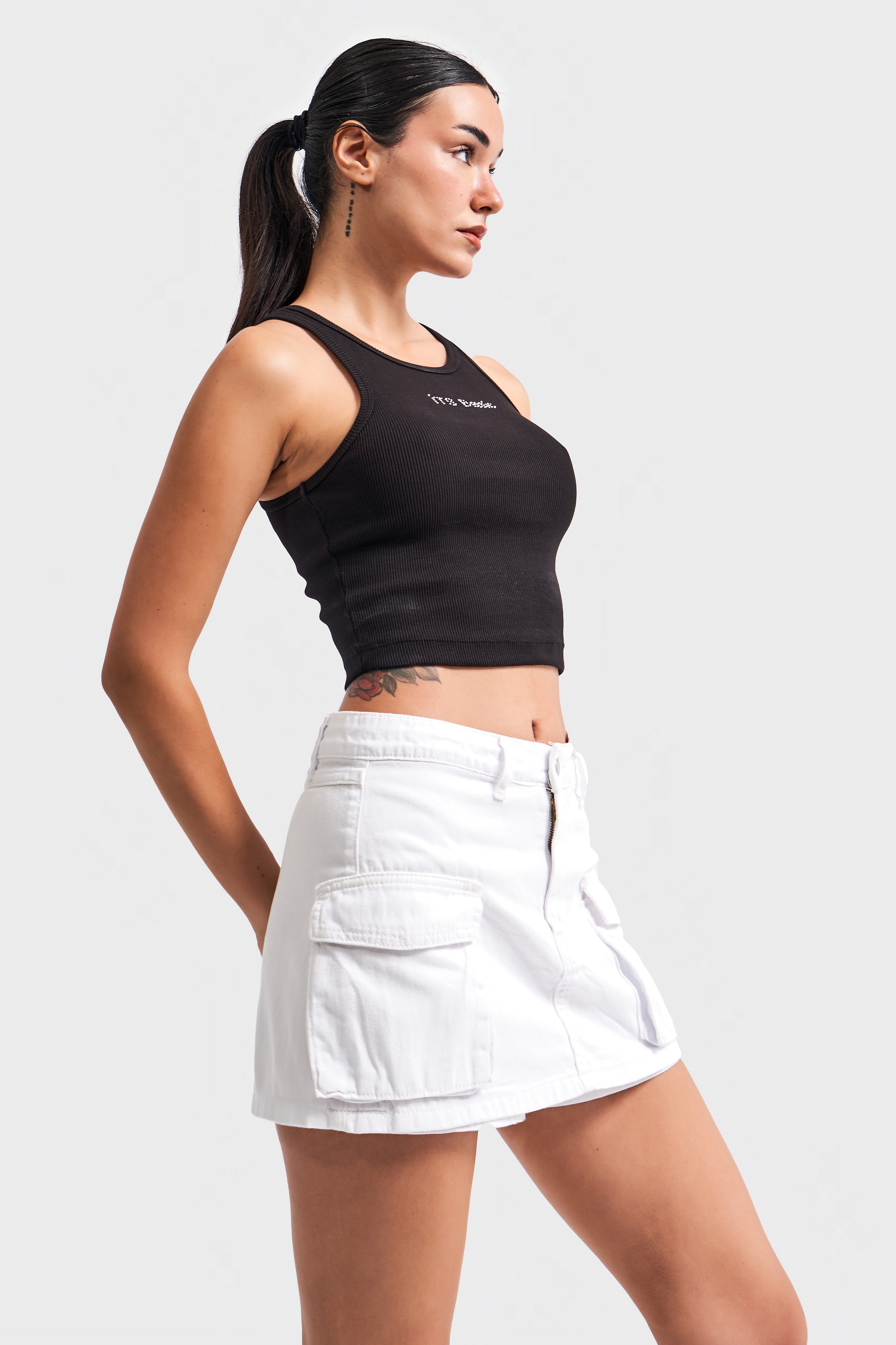 Women's Optic White Color Cargo Pocket Mini Denim Shorts Skirt