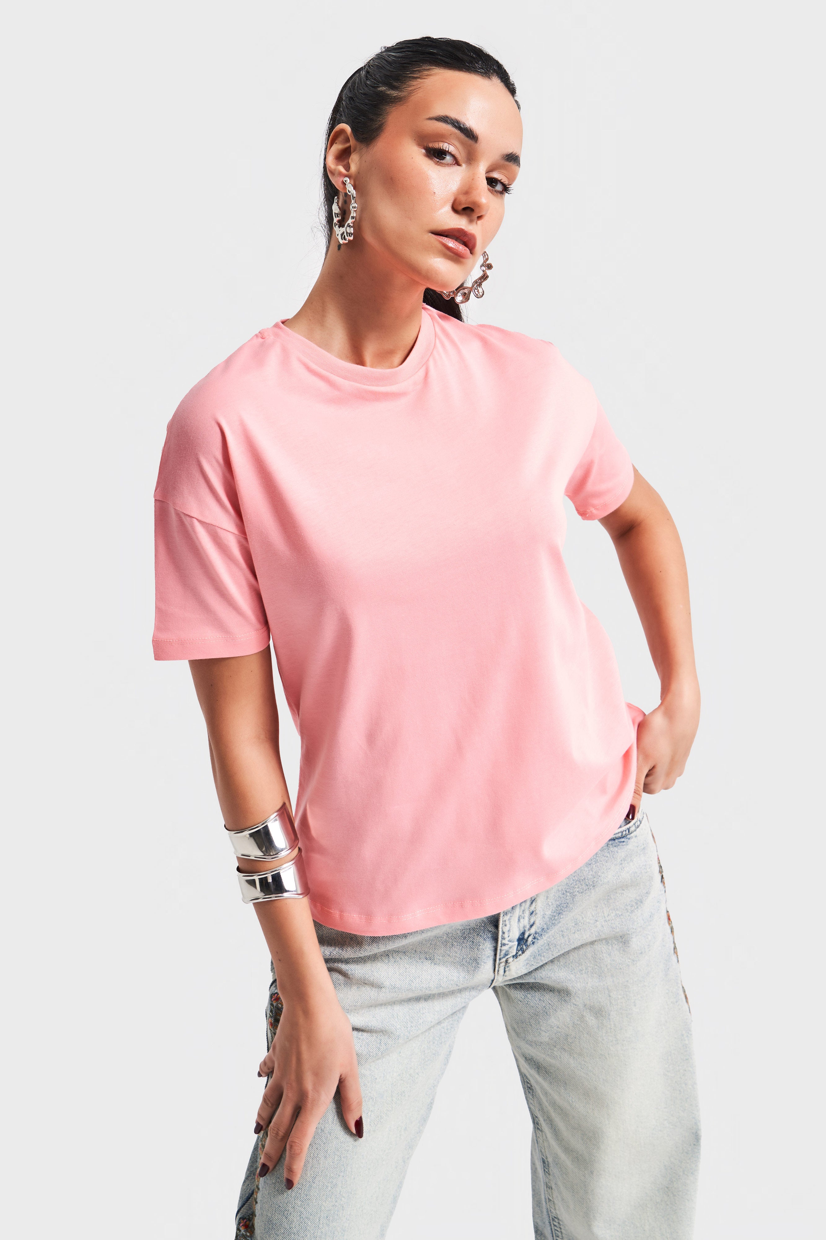 Kadın Pembe Renk S5 Bisiklet Yaka Basic T-Shirt