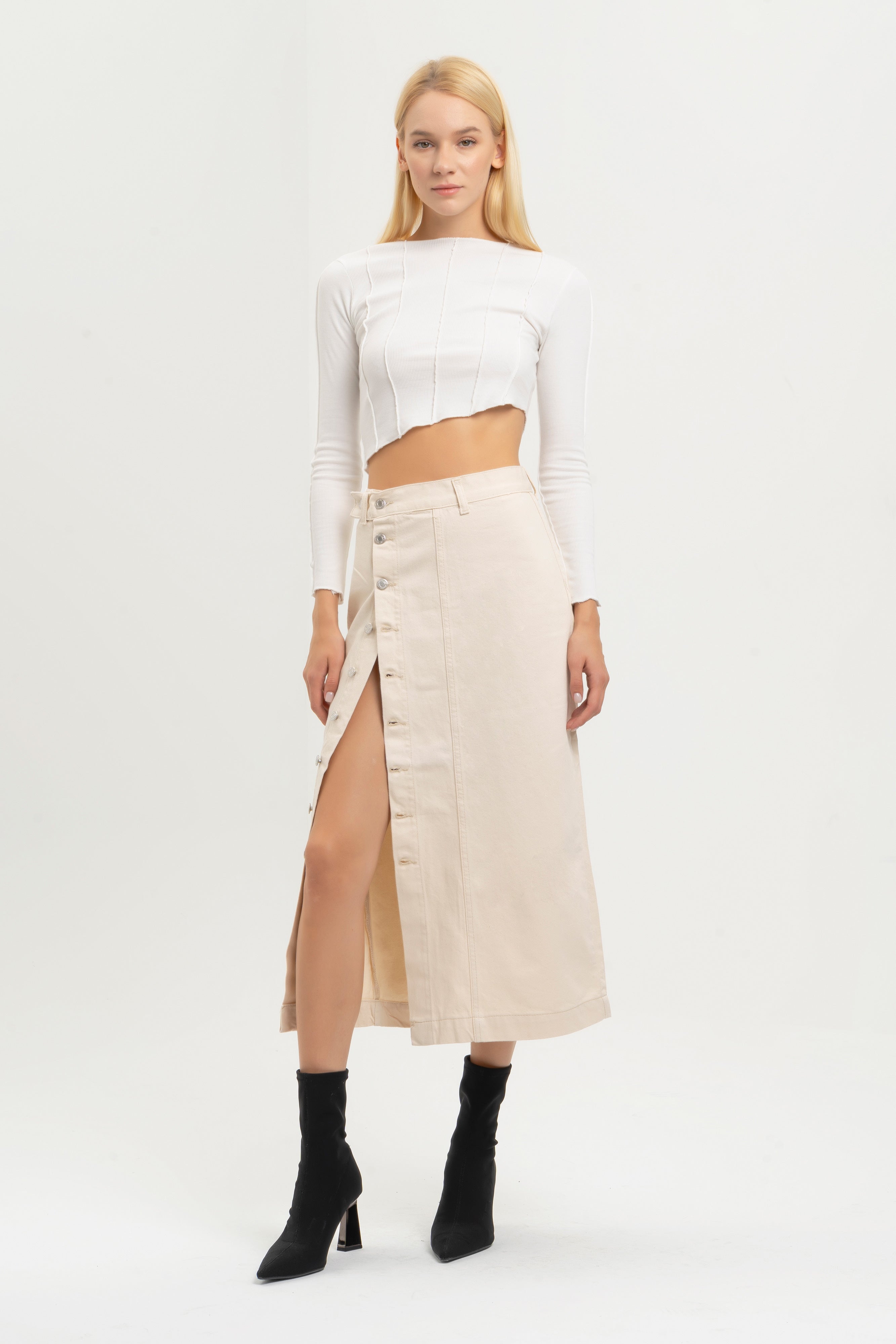 Women's Raw Beige Color Front Buttoned Maxi Length Denim Skirt