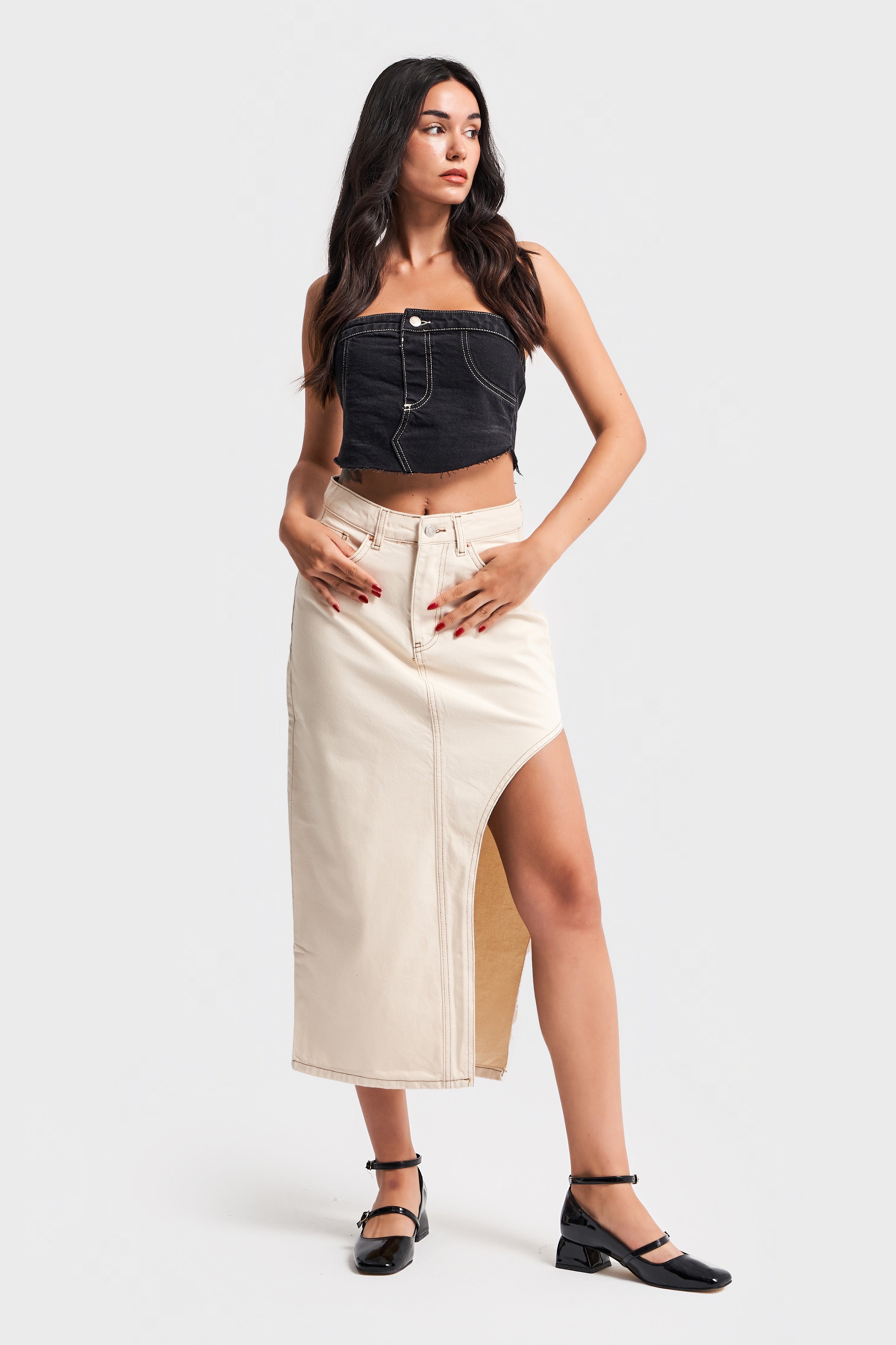 Women's Raw Organic Color Side Deep Slit Detail Long Denim Skirt