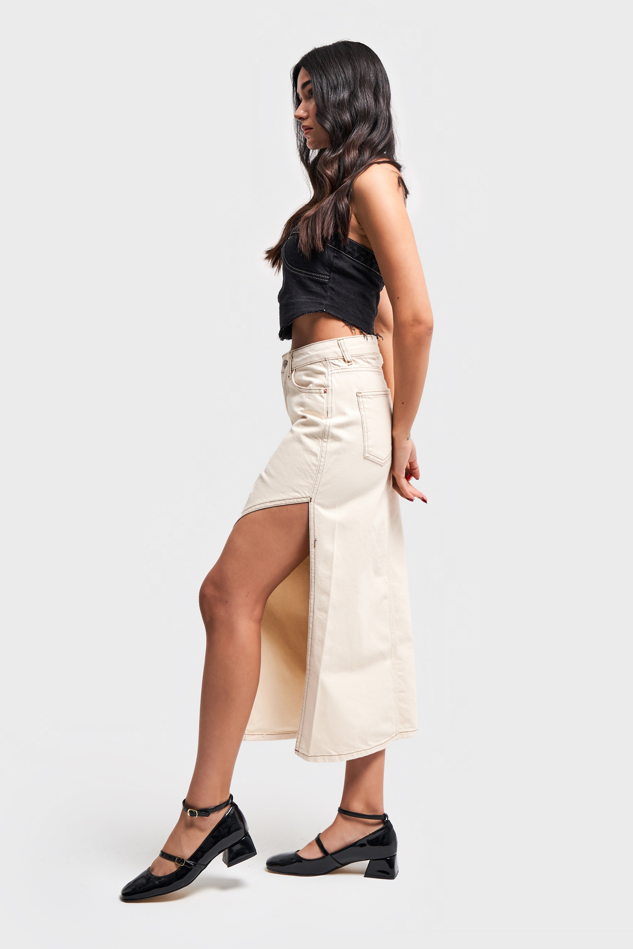 Women's Raw Organic Color Side Deep Slit Detail Long Denim Skirt