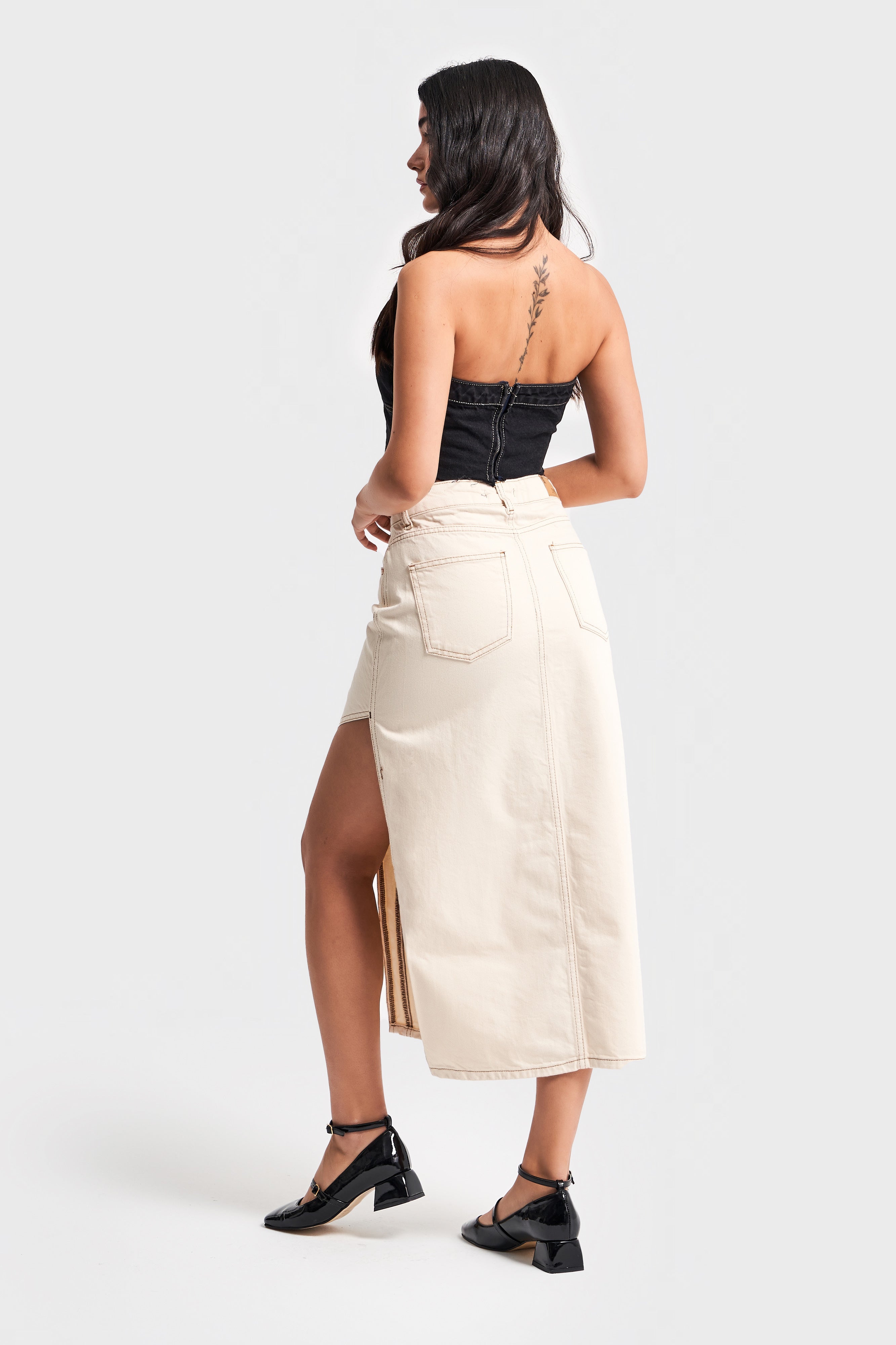 Women's Raw Organic Color Side Deep Slit Detail Long Denim Skirt