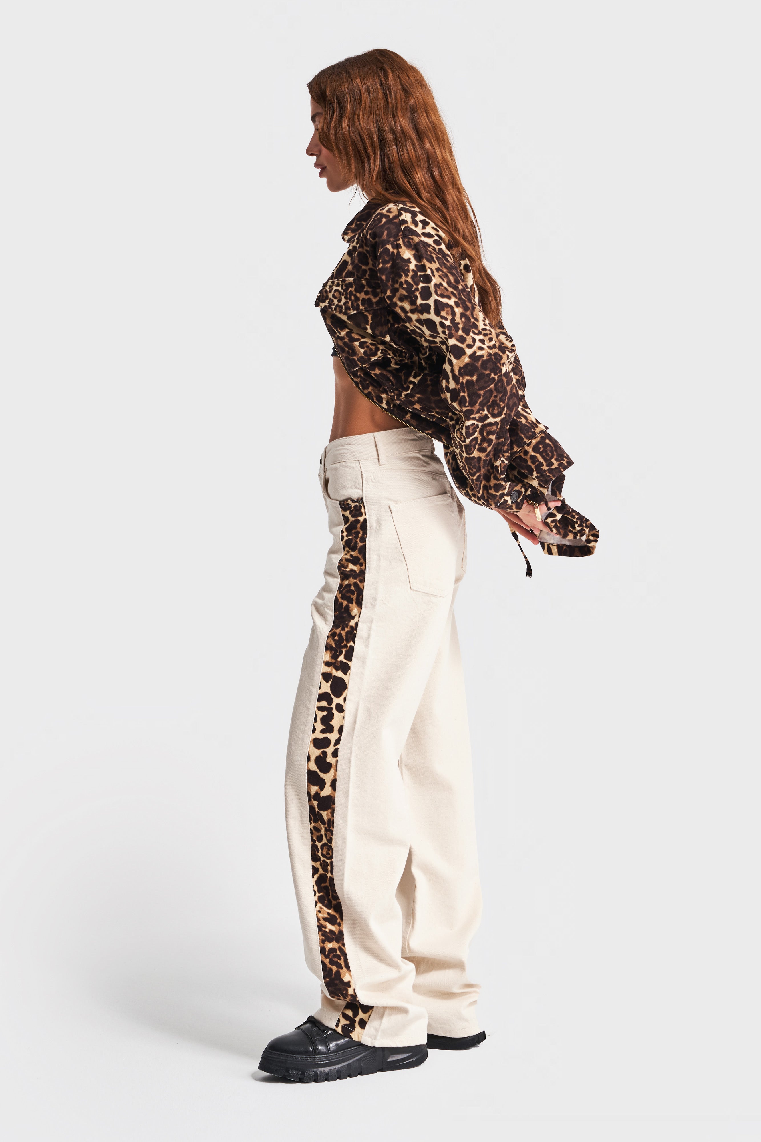 Women's Raw Color Leopard Print Loose Fit Design Denim