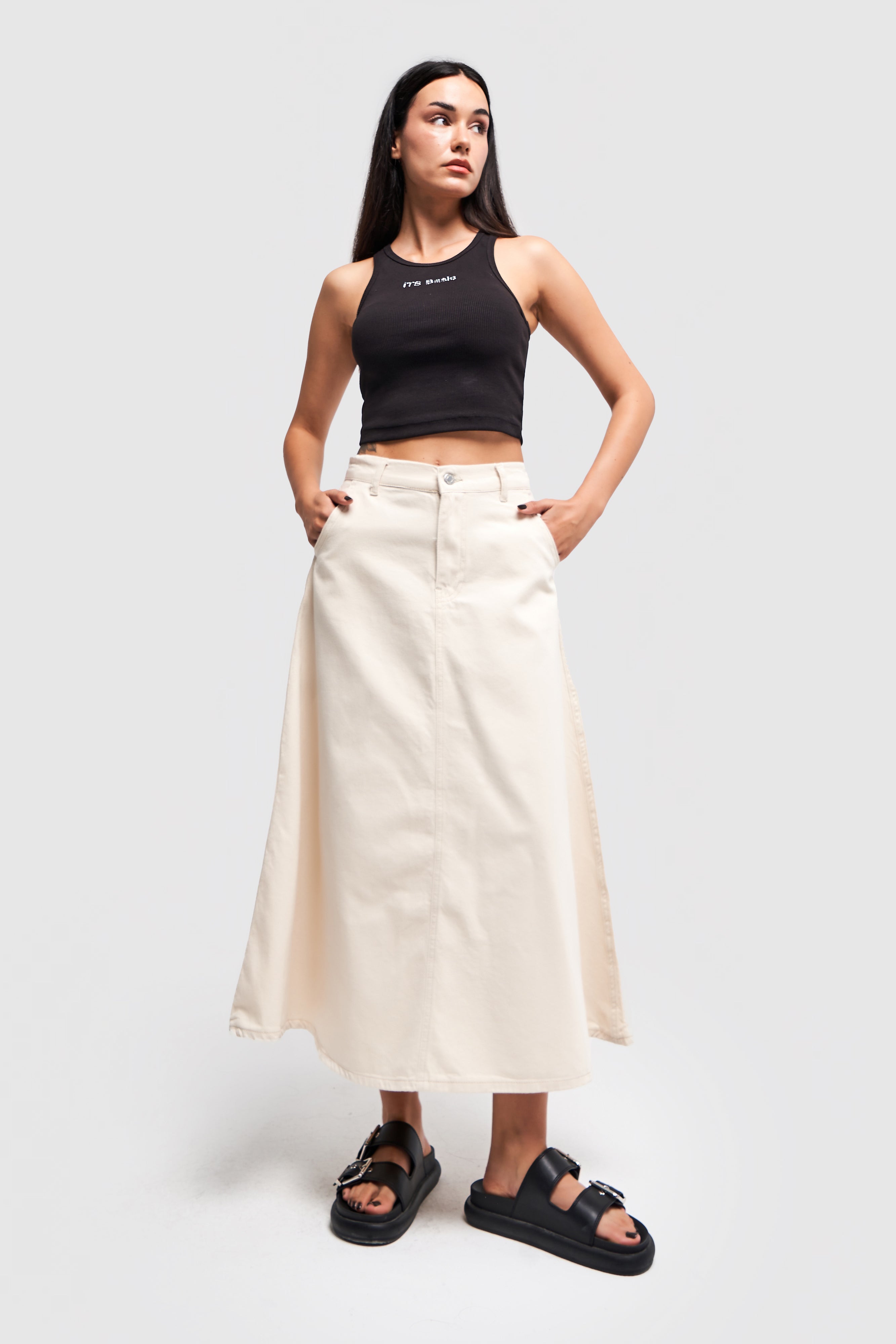 Women's Raw Color Maxi Length A Shape Biased Denim Skirt