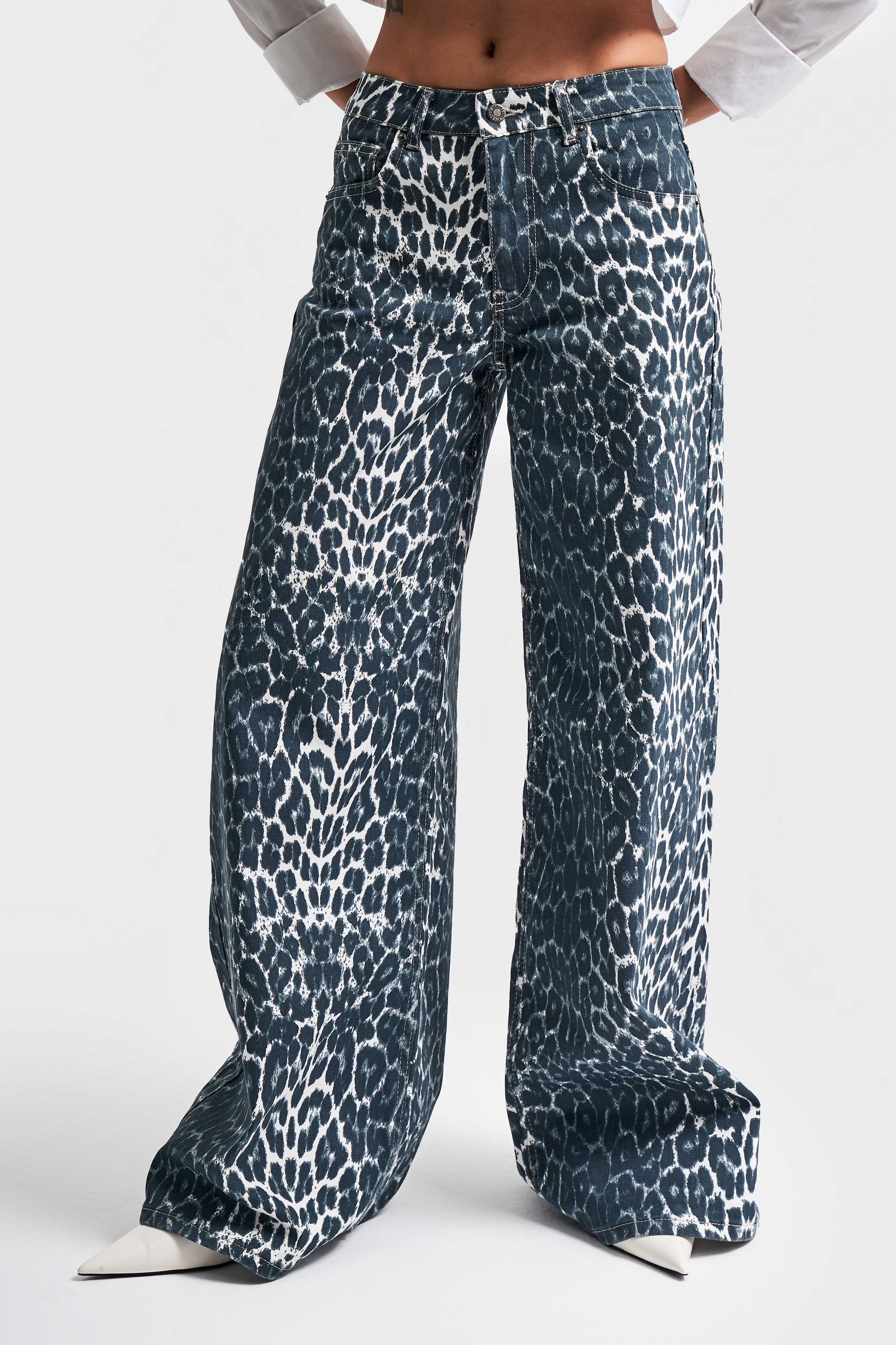 Women's Silver Leopard Color Palazzo Fit Denim Trousers