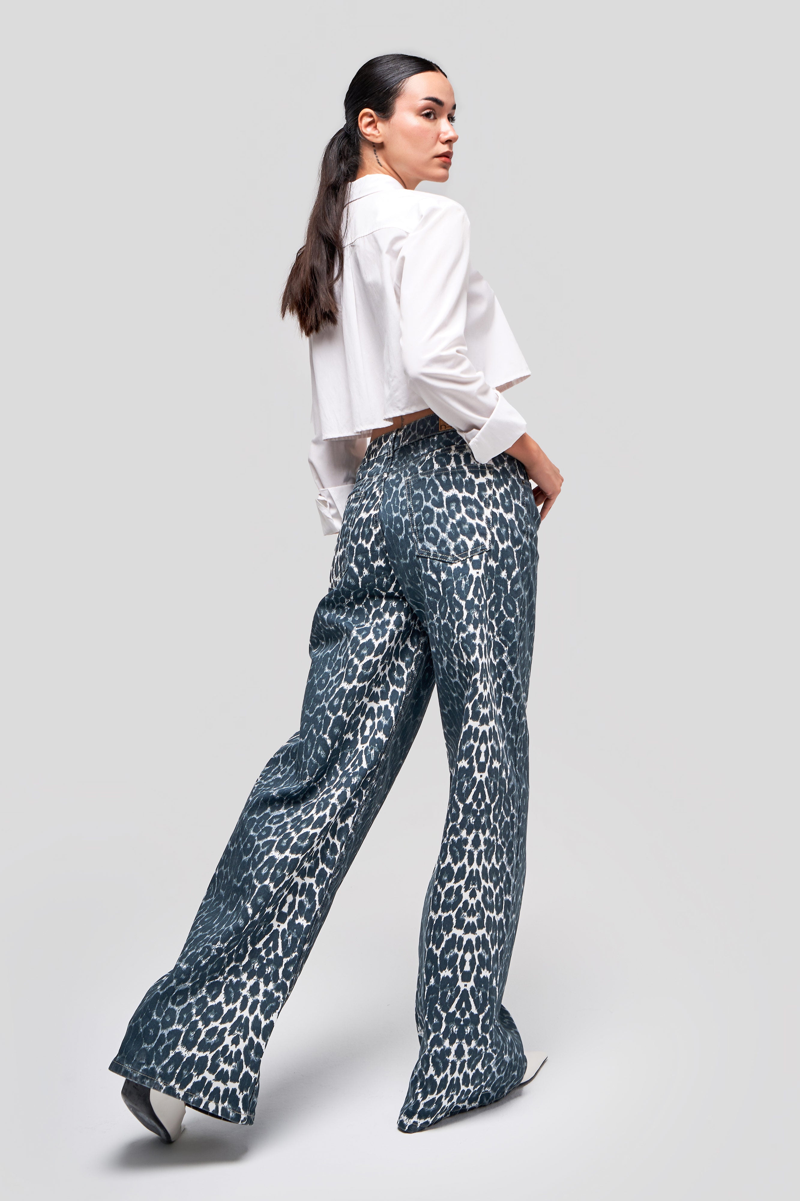 Kadın Silver Leopar Renk Palazzo Fit Denim Pantolon