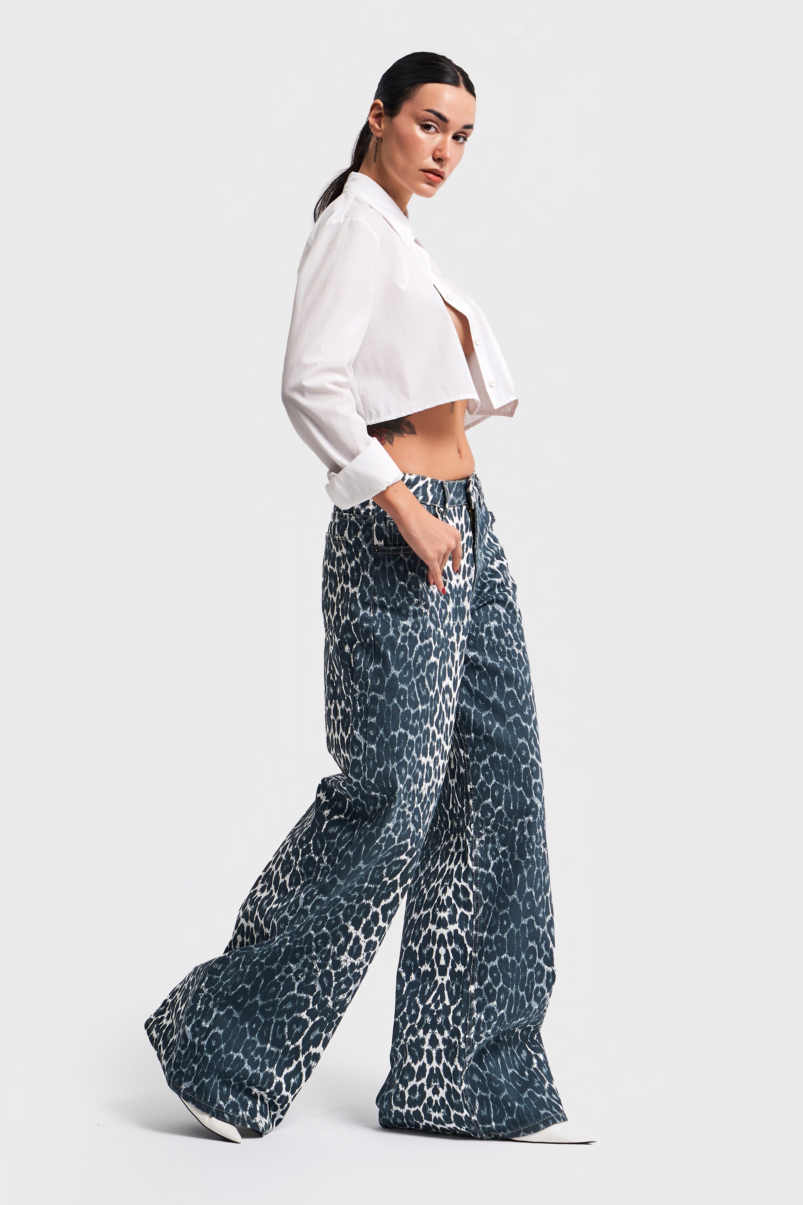 Kadın Silver Leopar Renk Palazzo Fit Denim Pantolon