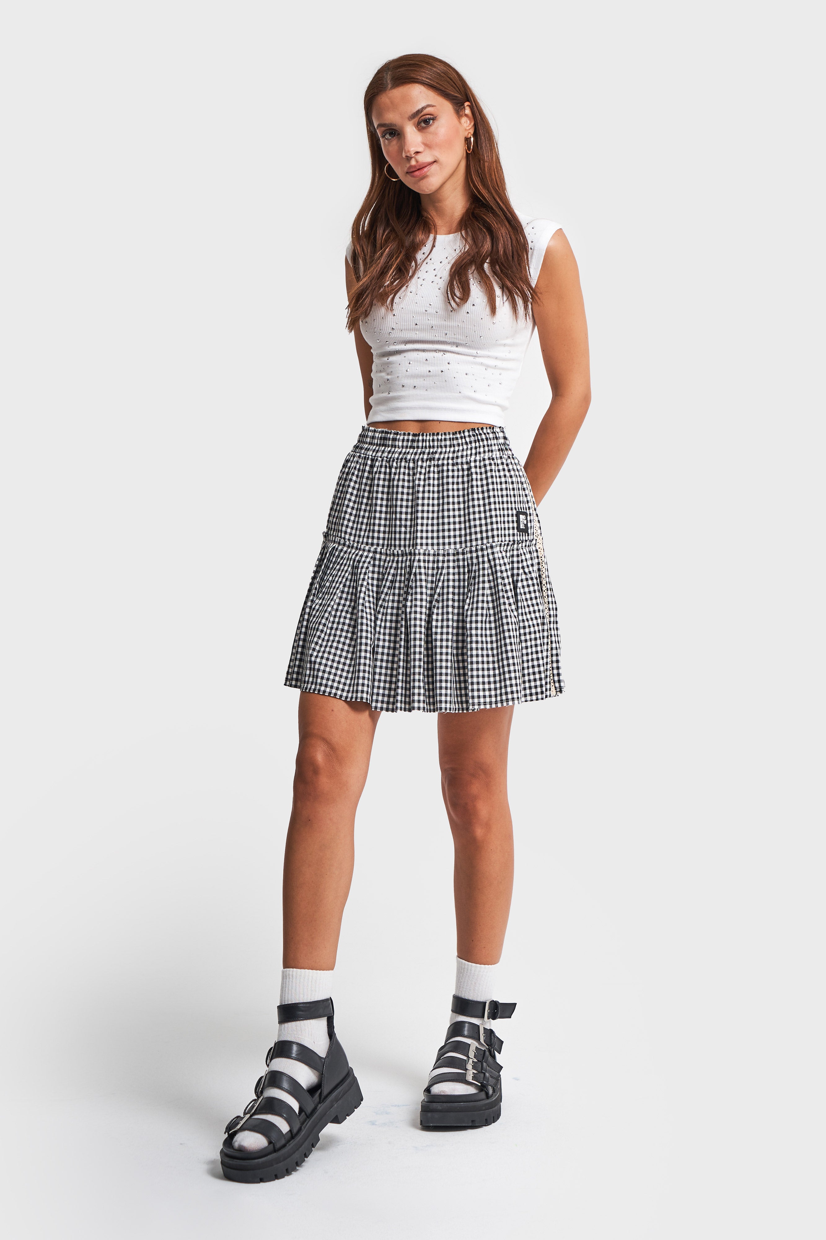 Women's Black and White Checkered Mini Pleated Design Skirt