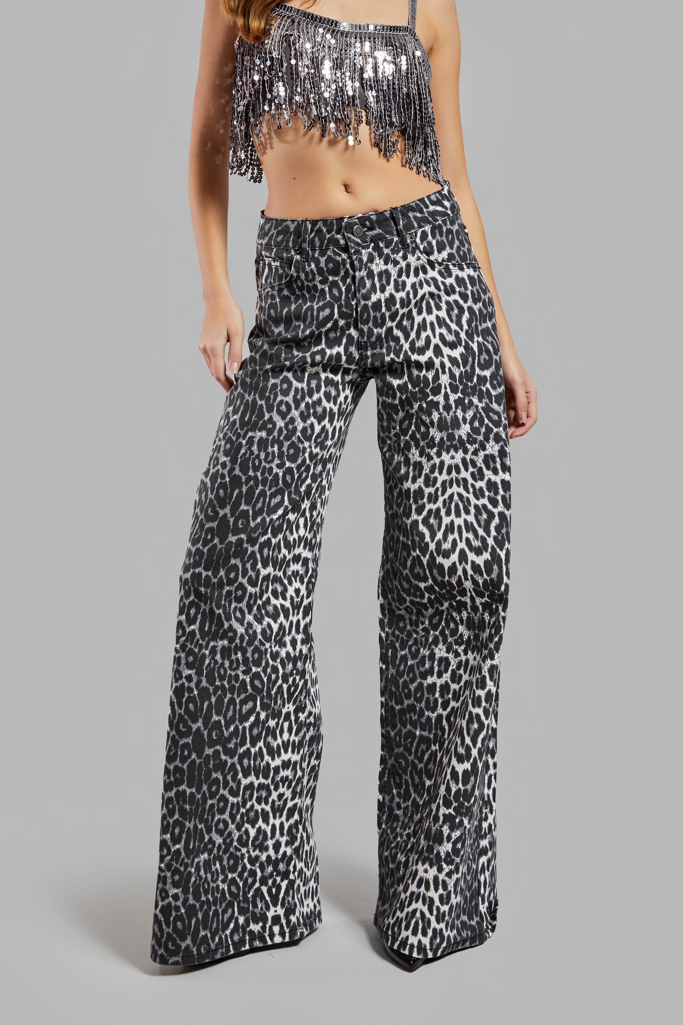 Women Black White Leopard Color w426 Denim Fabric Palazzo Fit Mid Waist Denim