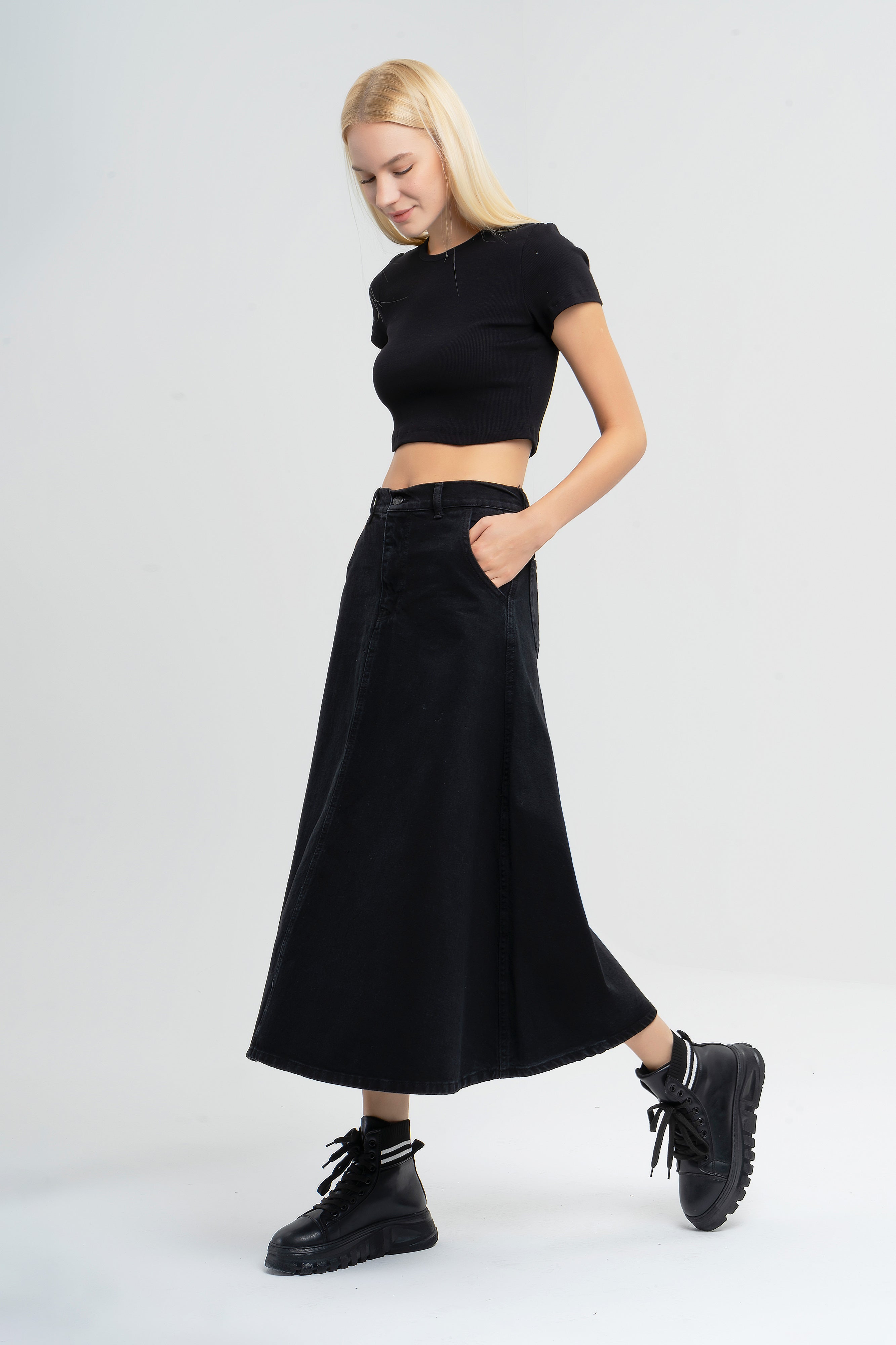 Women's Black Black Od Color A Type Cut Denim Skirt