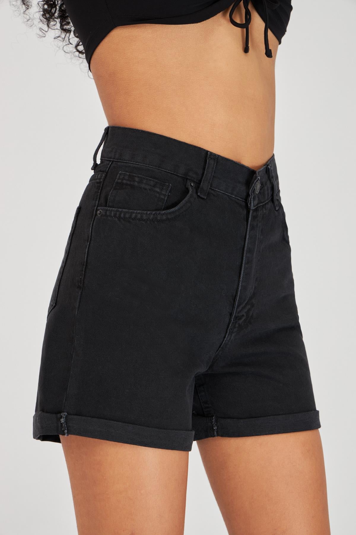 Women's Black Black Od Color Double Leg High Waist Jean Shorts