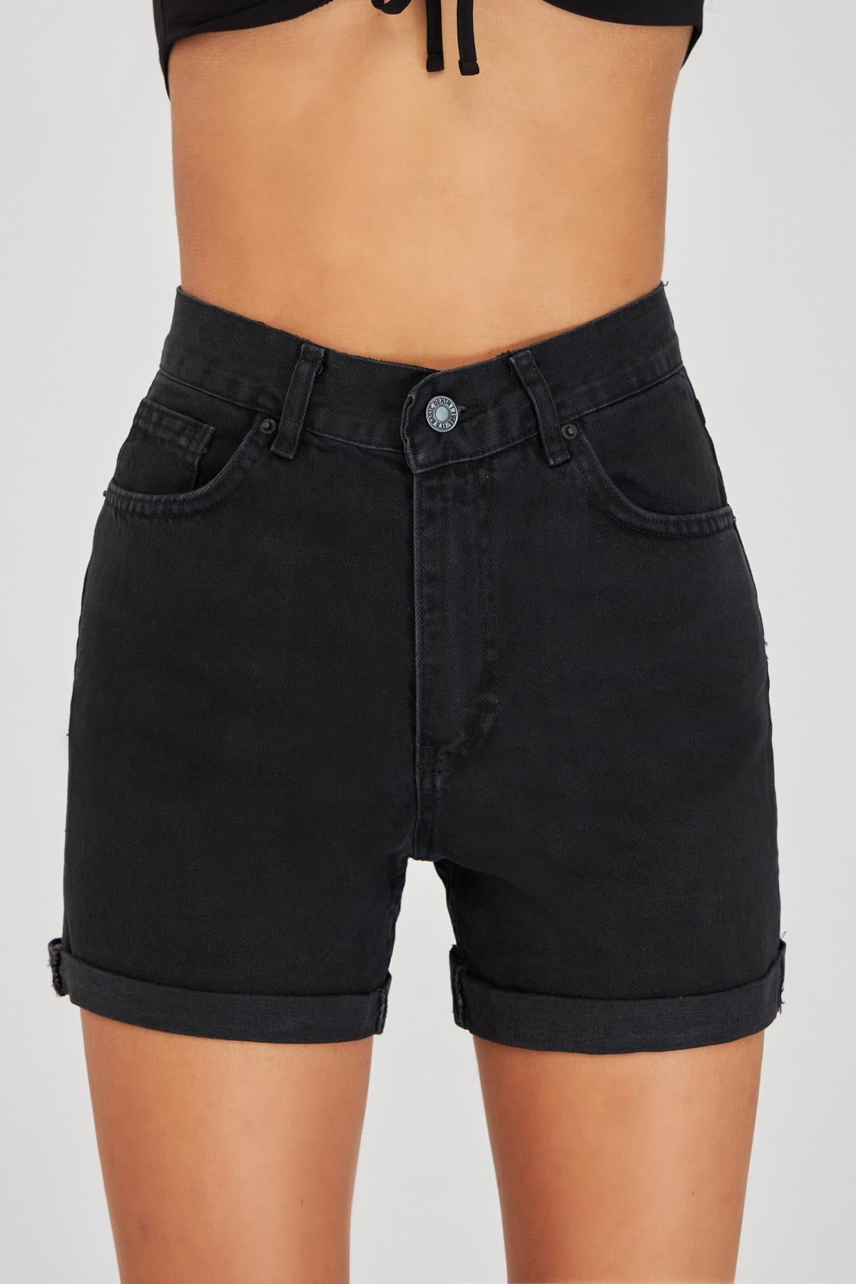 Women's Black Black Od Color Double Leg High Waist Jean Shorts