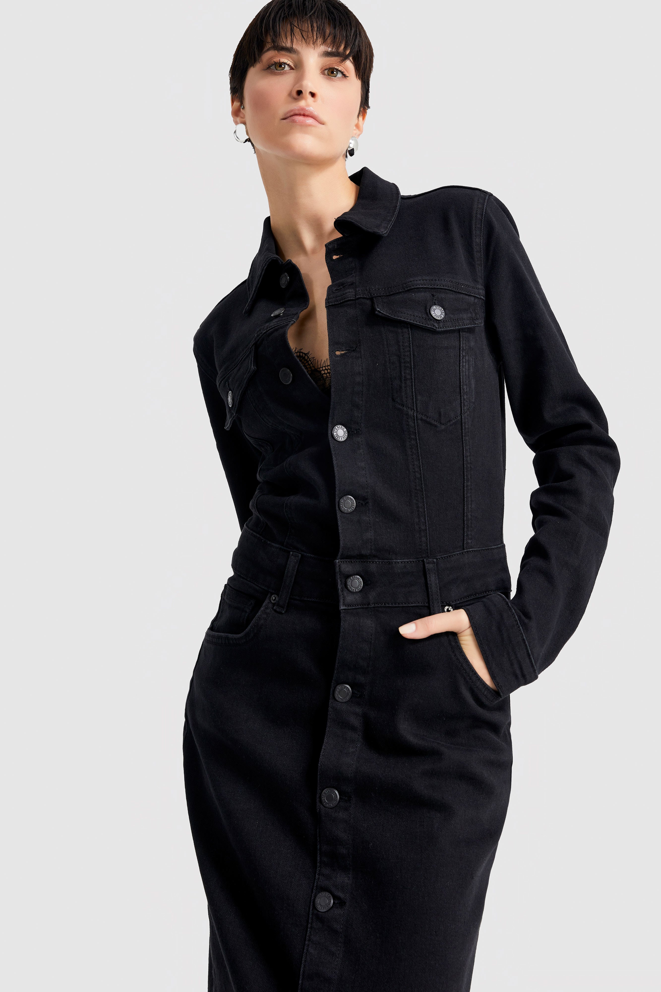 Women's Black Black Od Color Front Buttoned Long Denim Dress