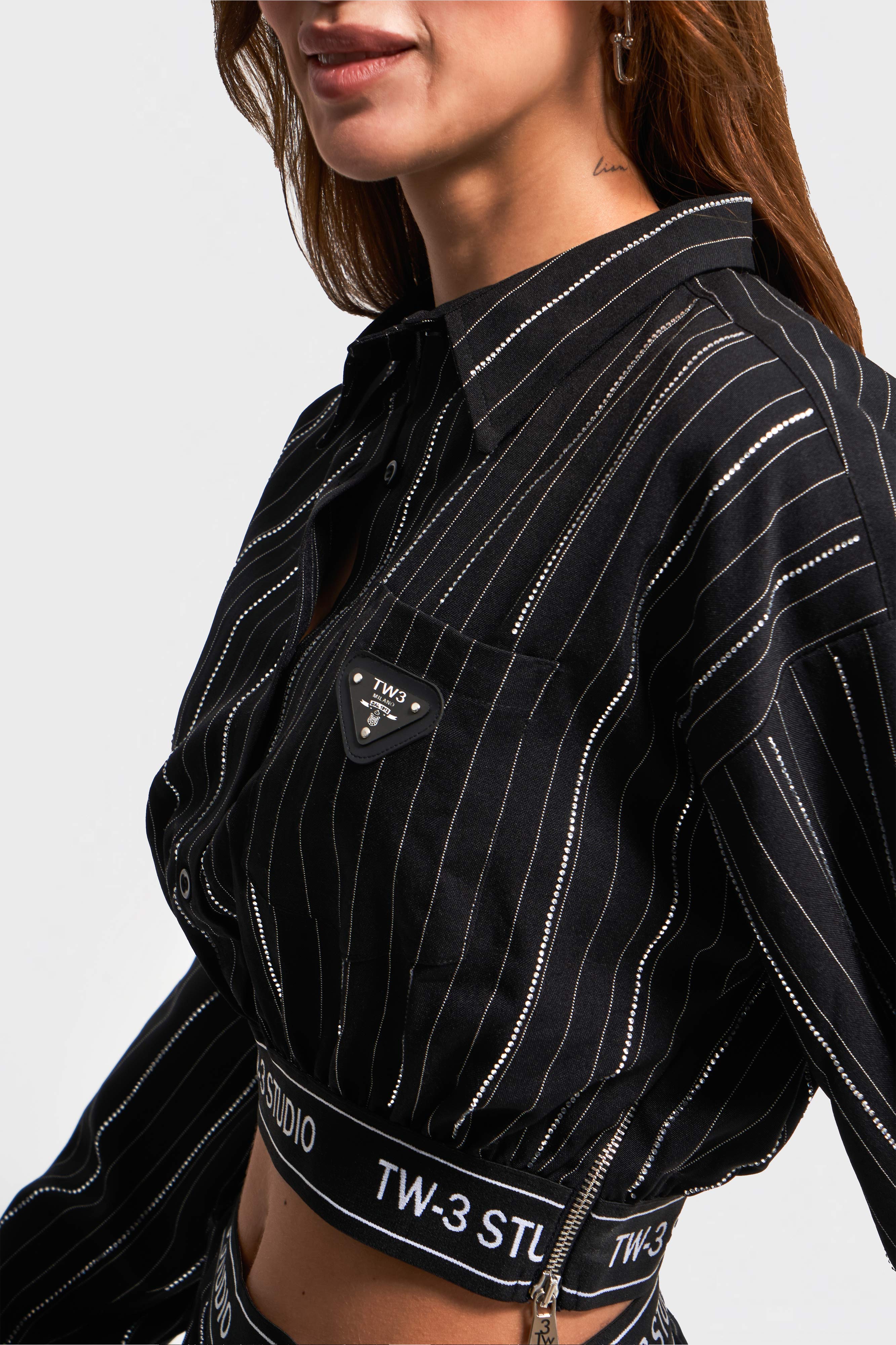 Women's Black Striped Color Shiny Stone Design Shirt Jacket