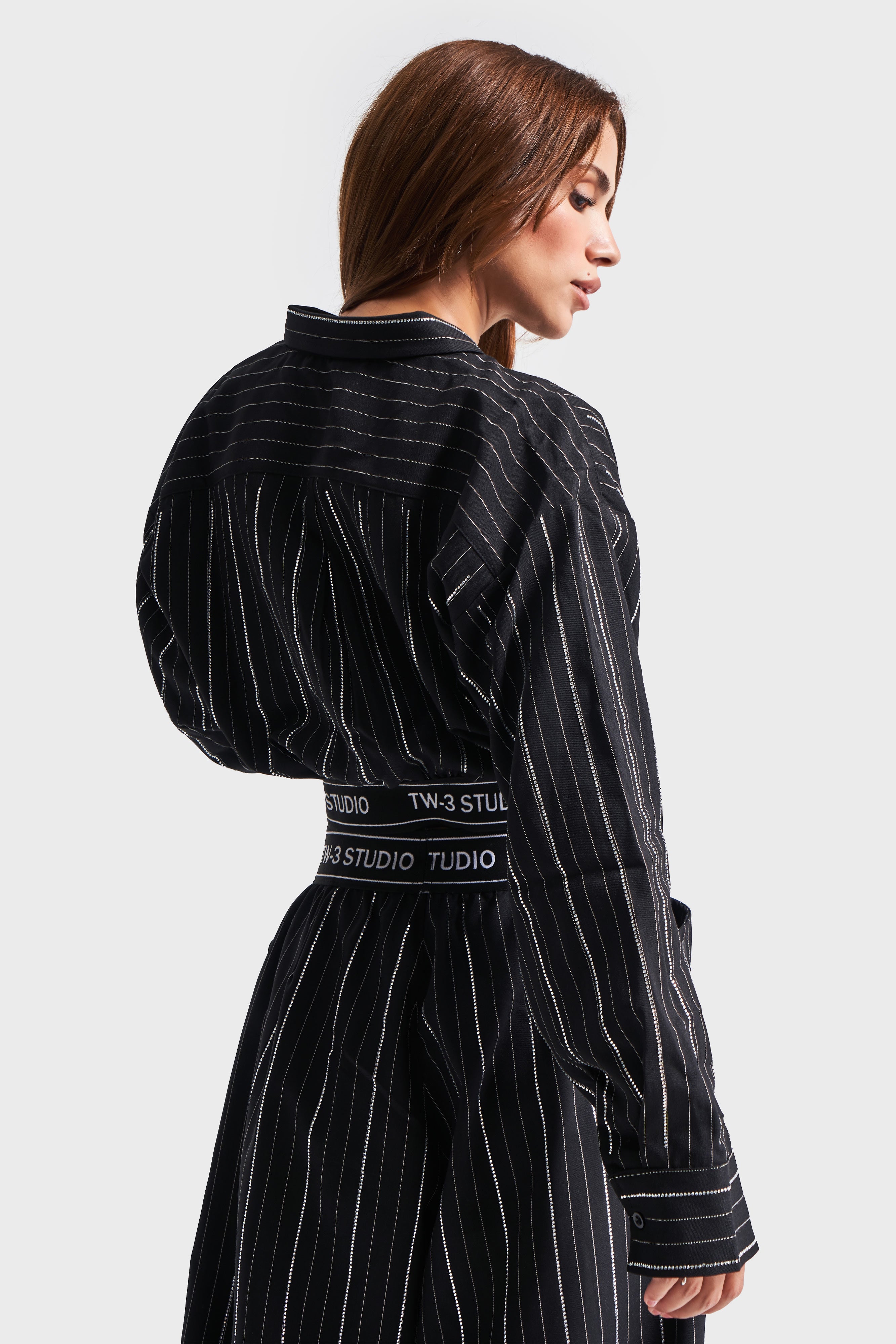 Women's Black Striped Color Shiny Stone Design Shirt Jacket