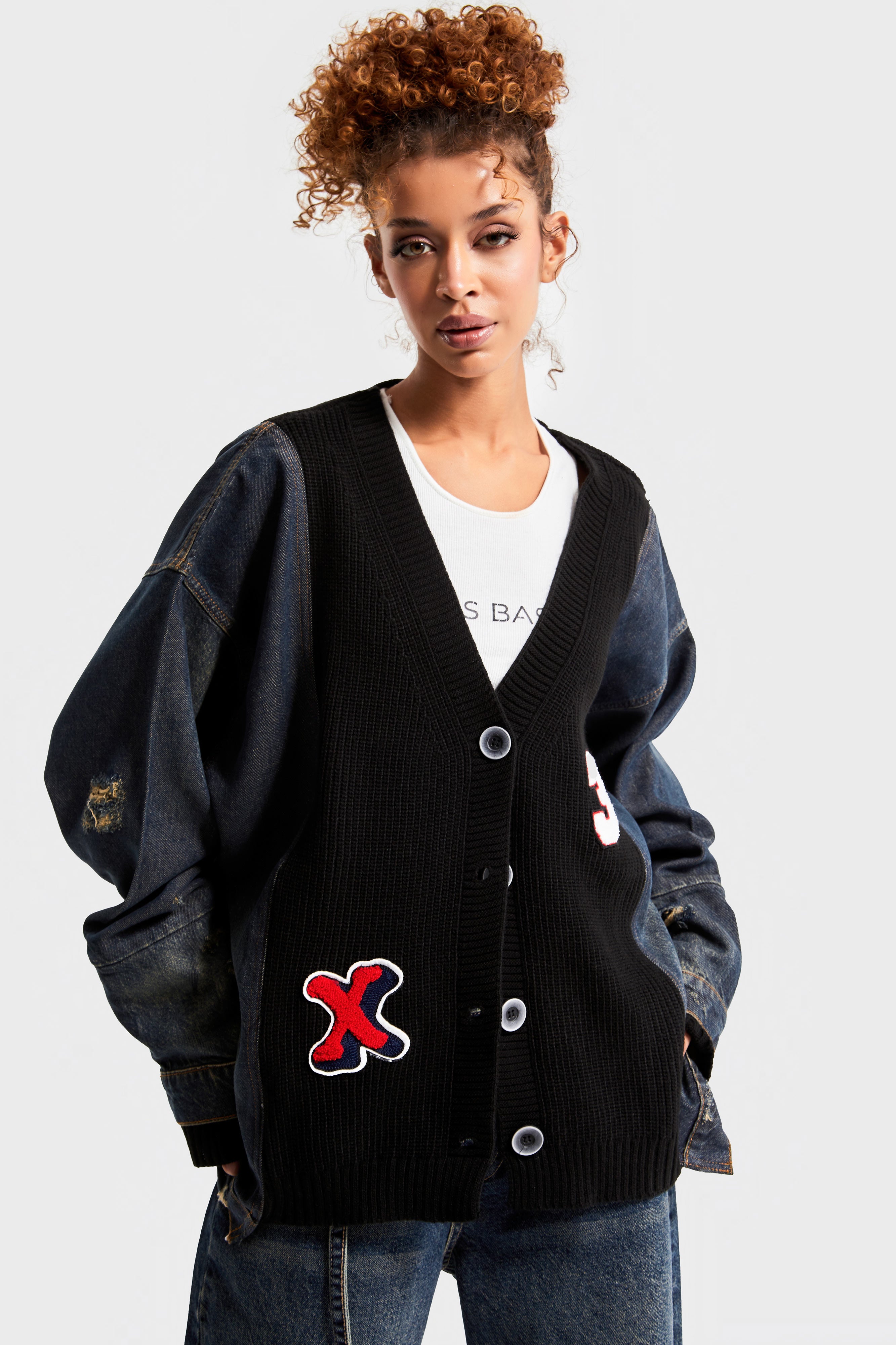 Women's Black Denim Color Embroidered Letter Oversize Design Cardigan