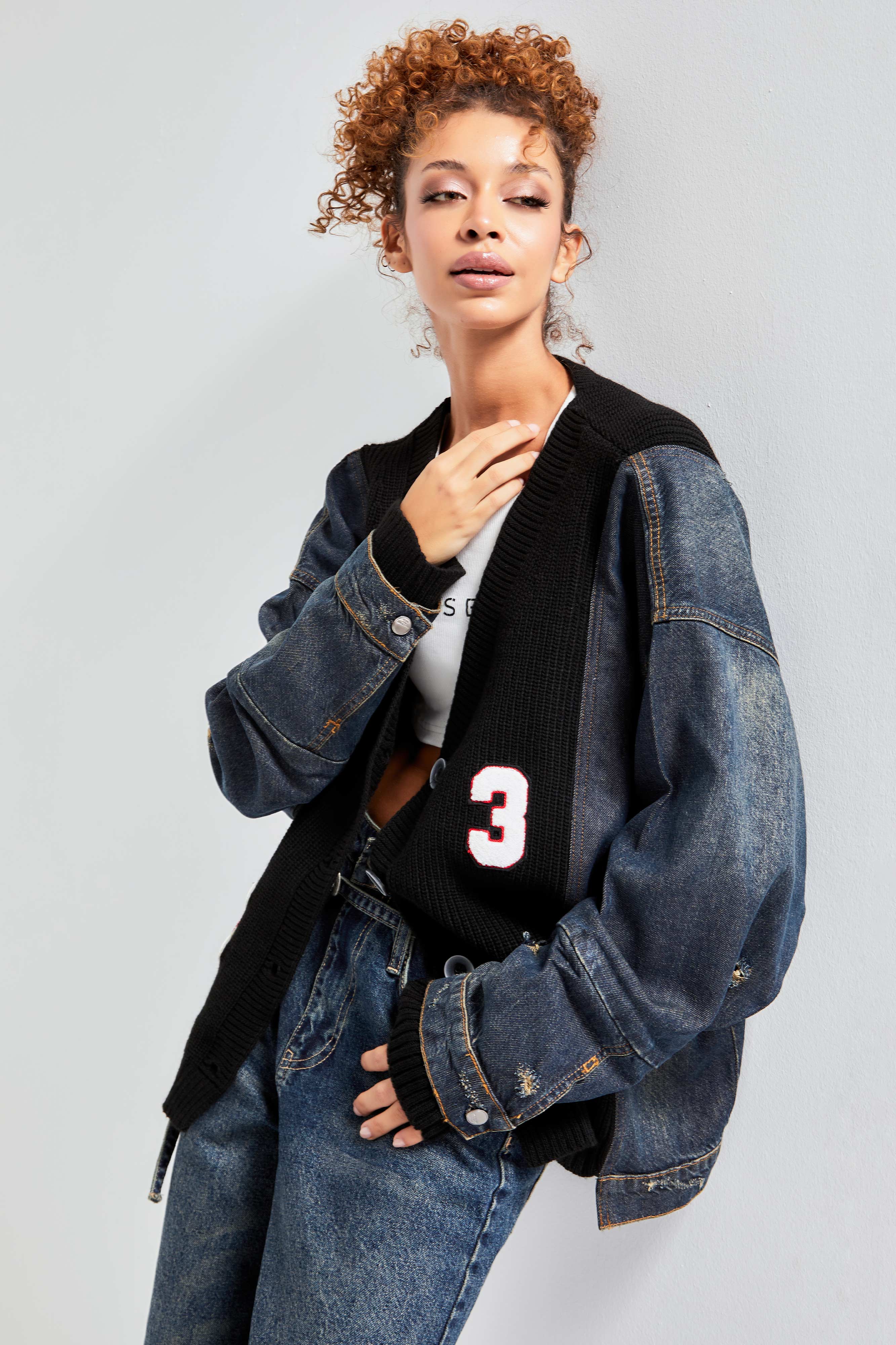 Women's Black Denim Color Embroidered Letter Oversize Design Cardigan