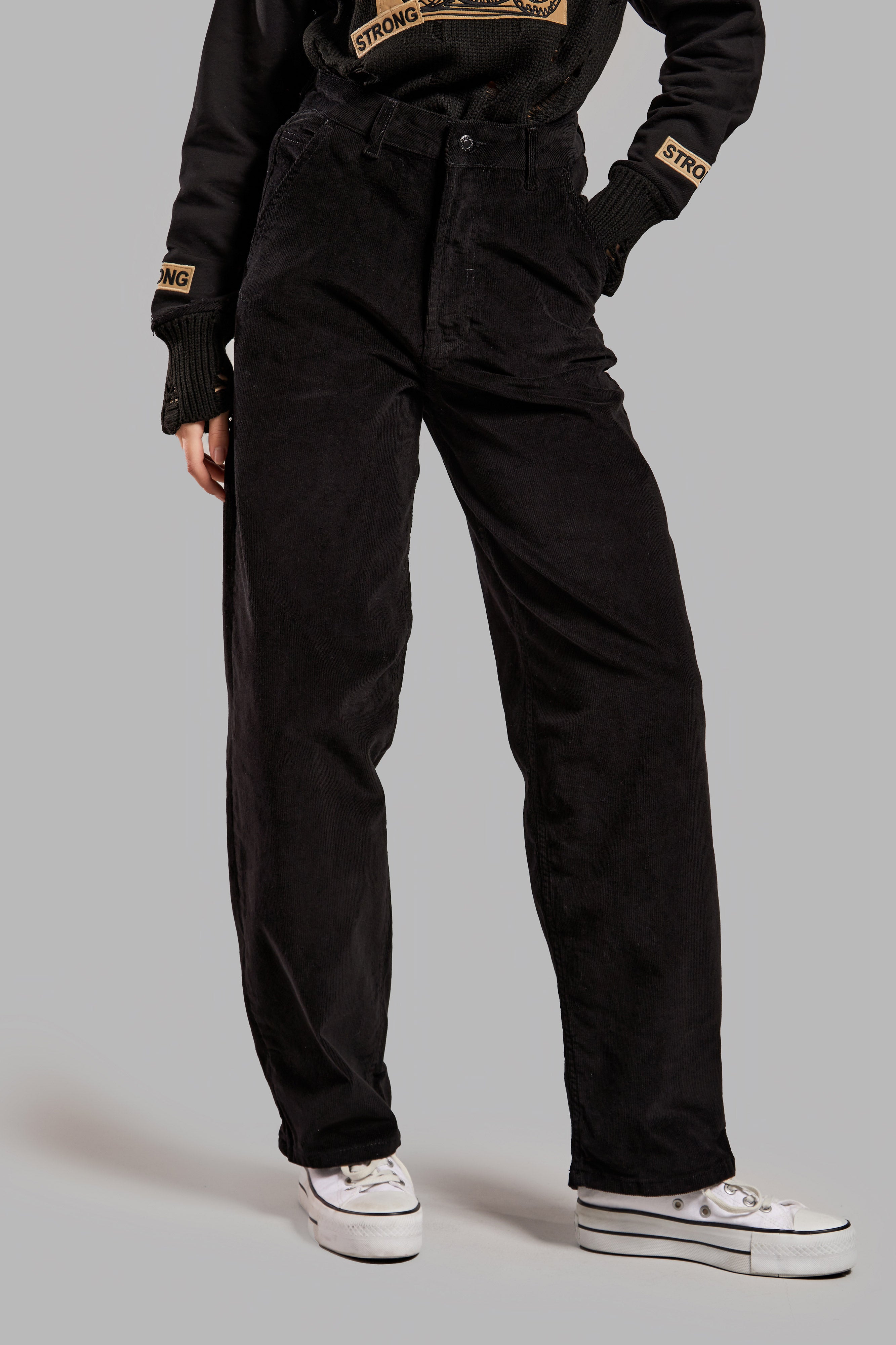 Women's Black Color 26w41 Thin Corduroy Fabric Skater Fit Trousers