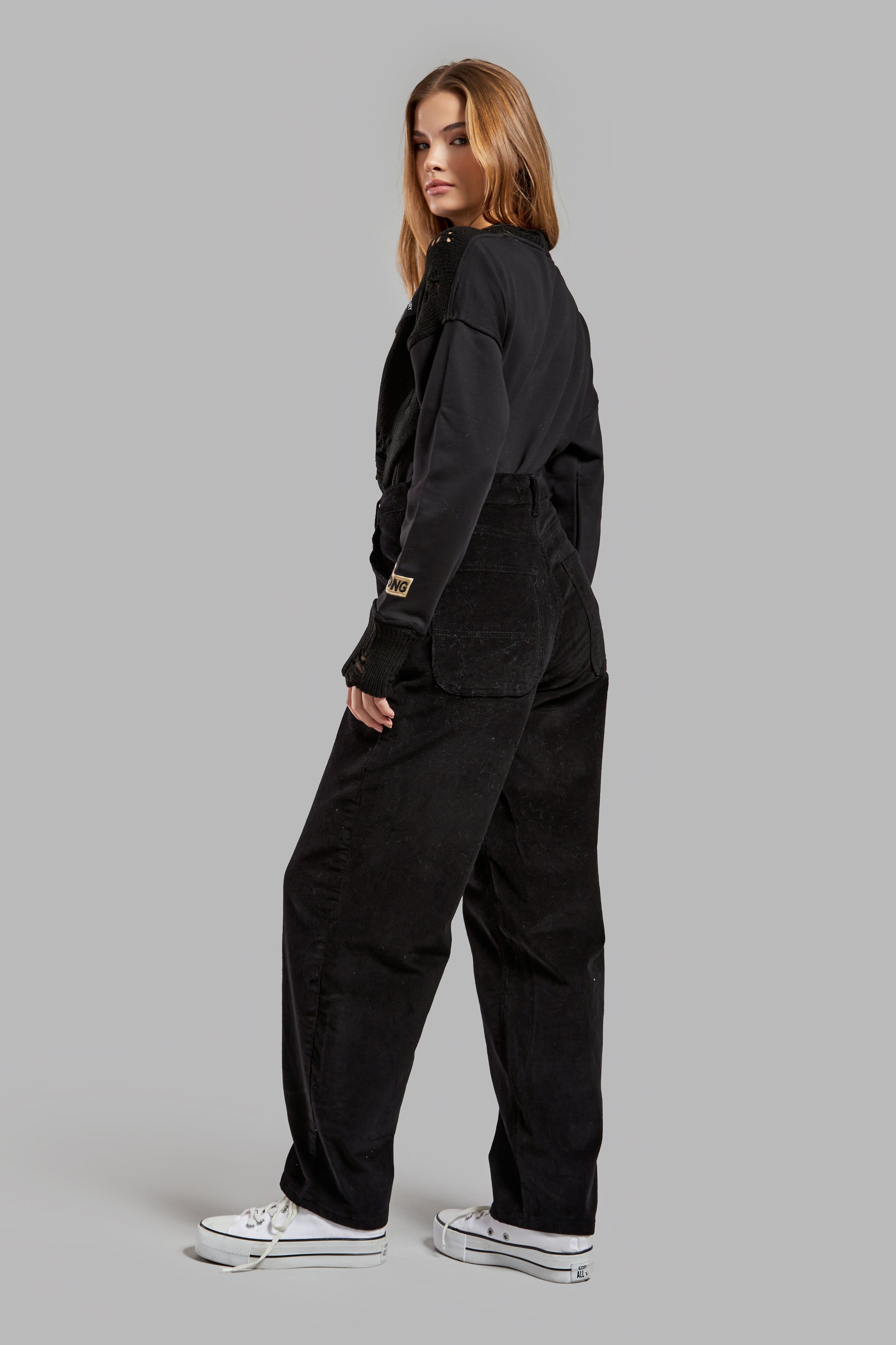 Women's Black Color 26w41 Thin Corduroy Fabric Skater Fit Trousers