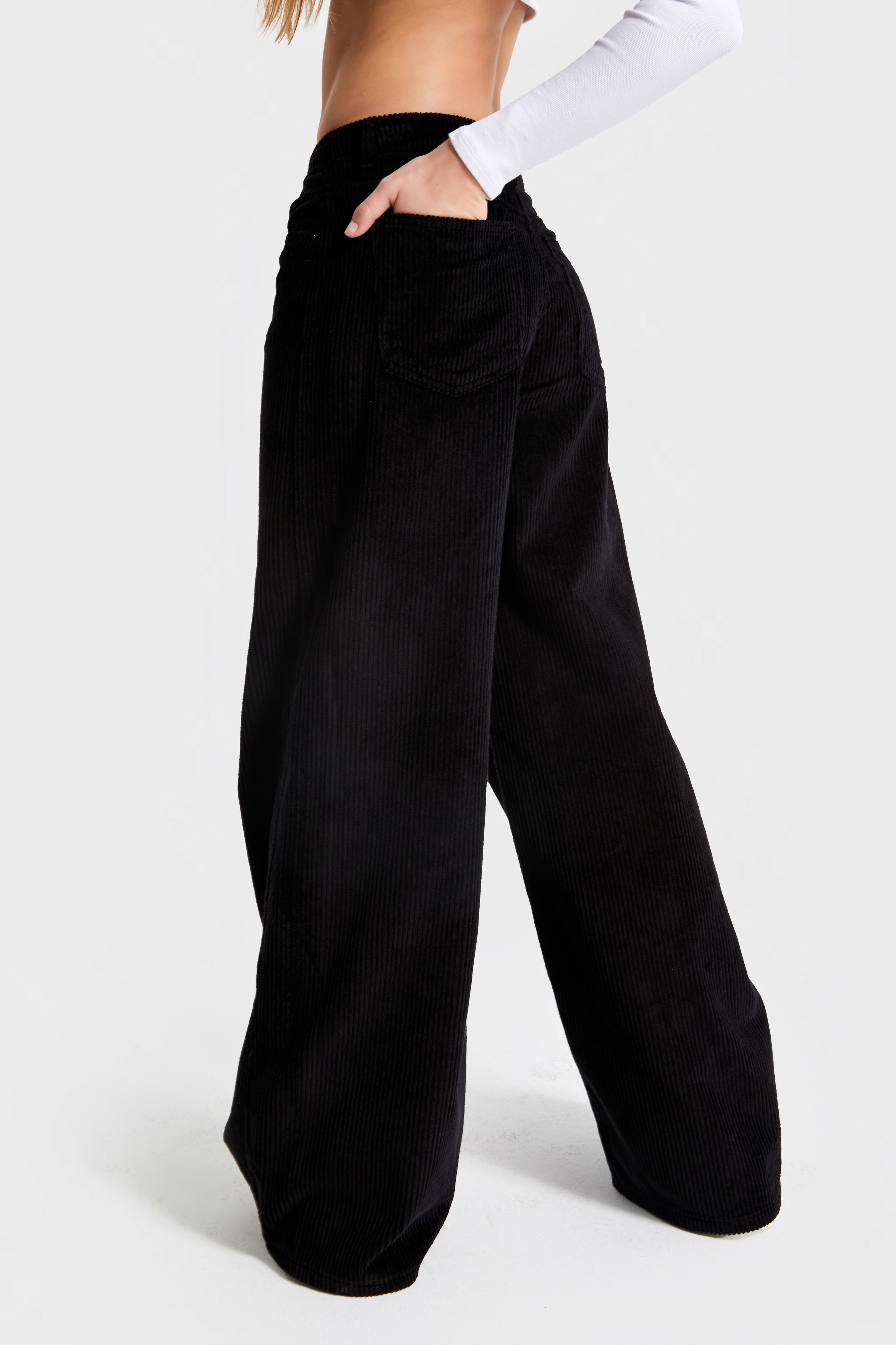 Women's Black Color 26w41 Palazzo Fit Corduroy Trousers