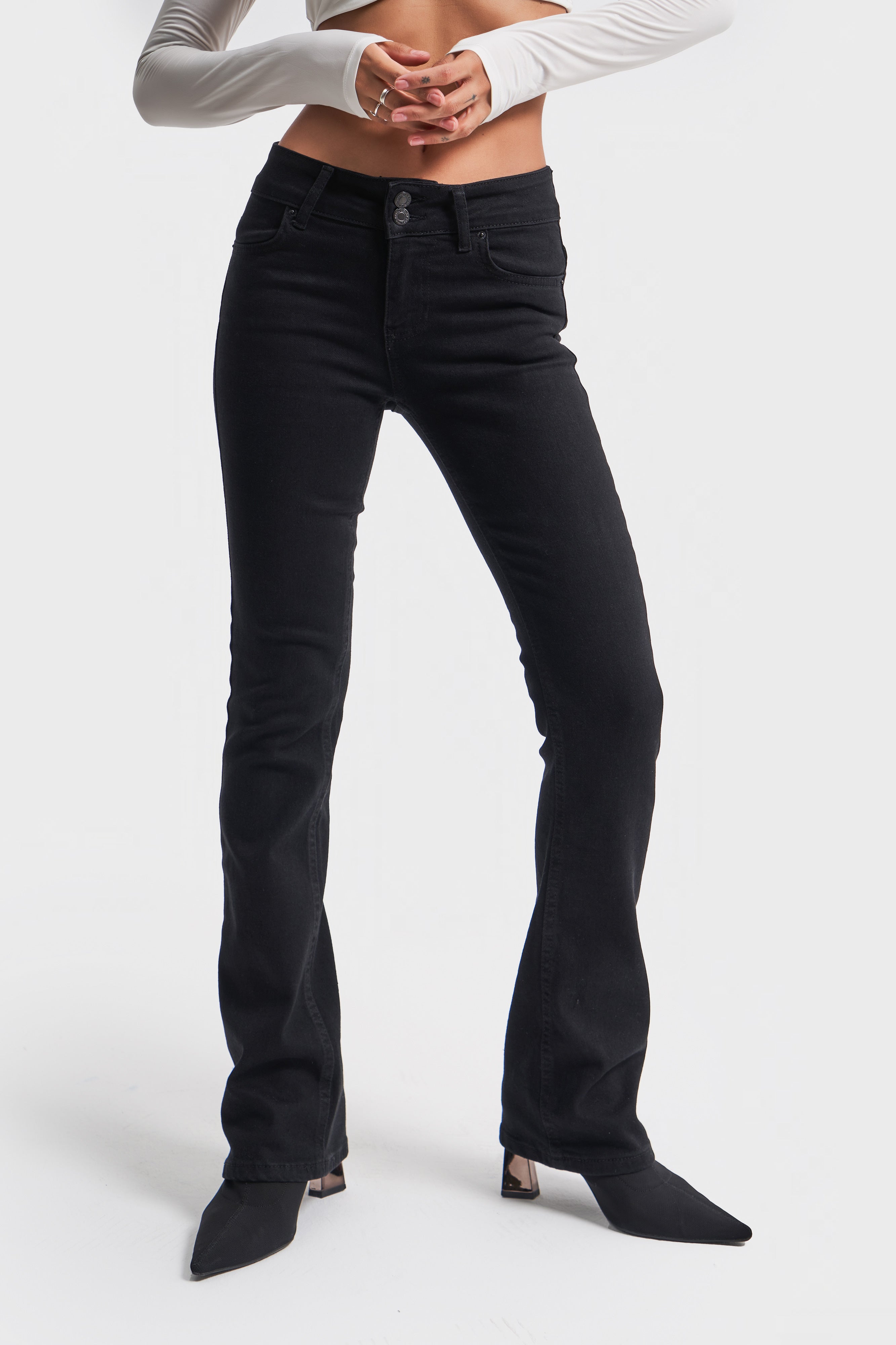 Women's Black Color Bootcut Fit Mid Waist Lycra Denim