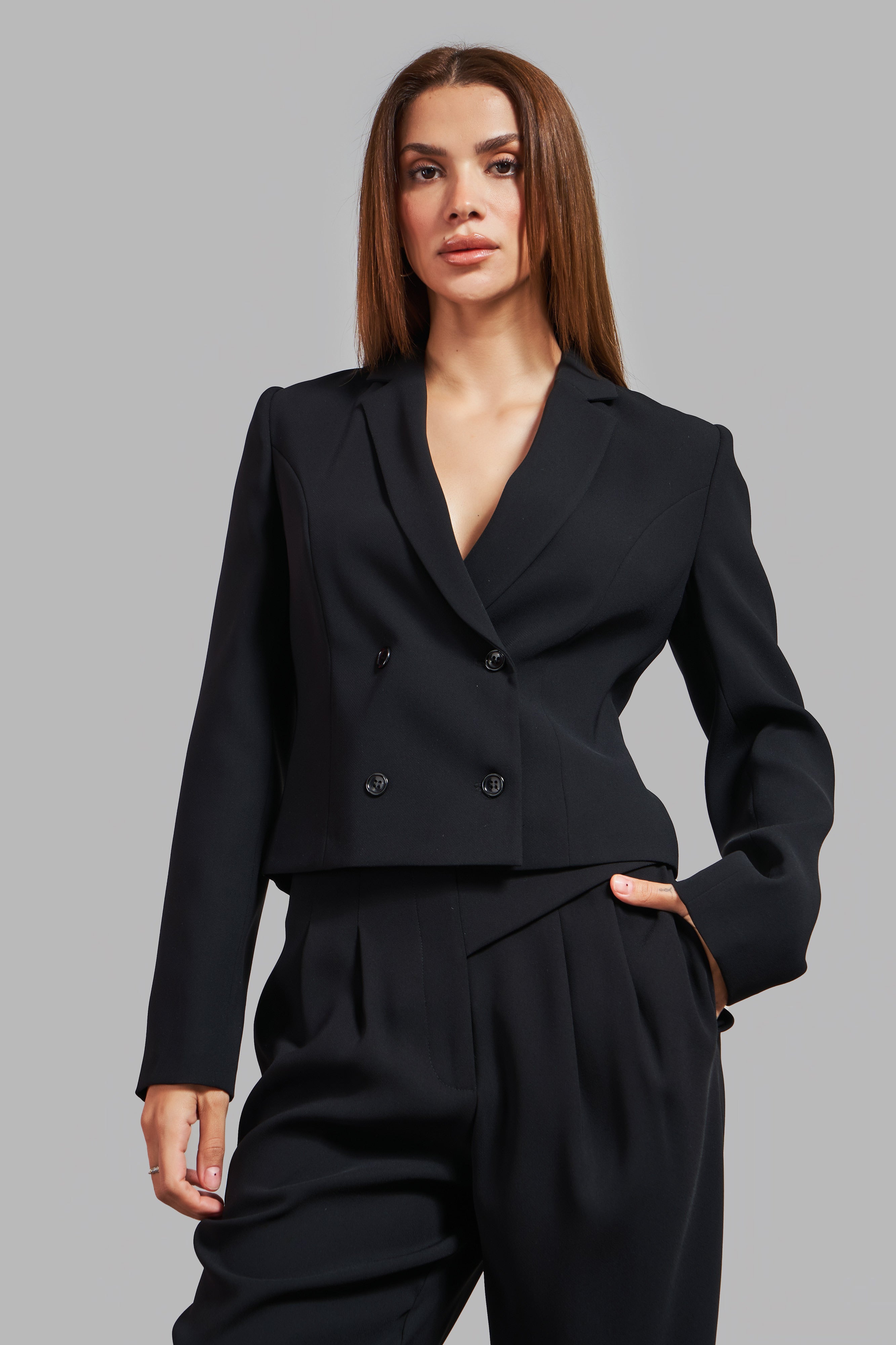 Women's Black Color Crop Fit Double Breasted Jacket