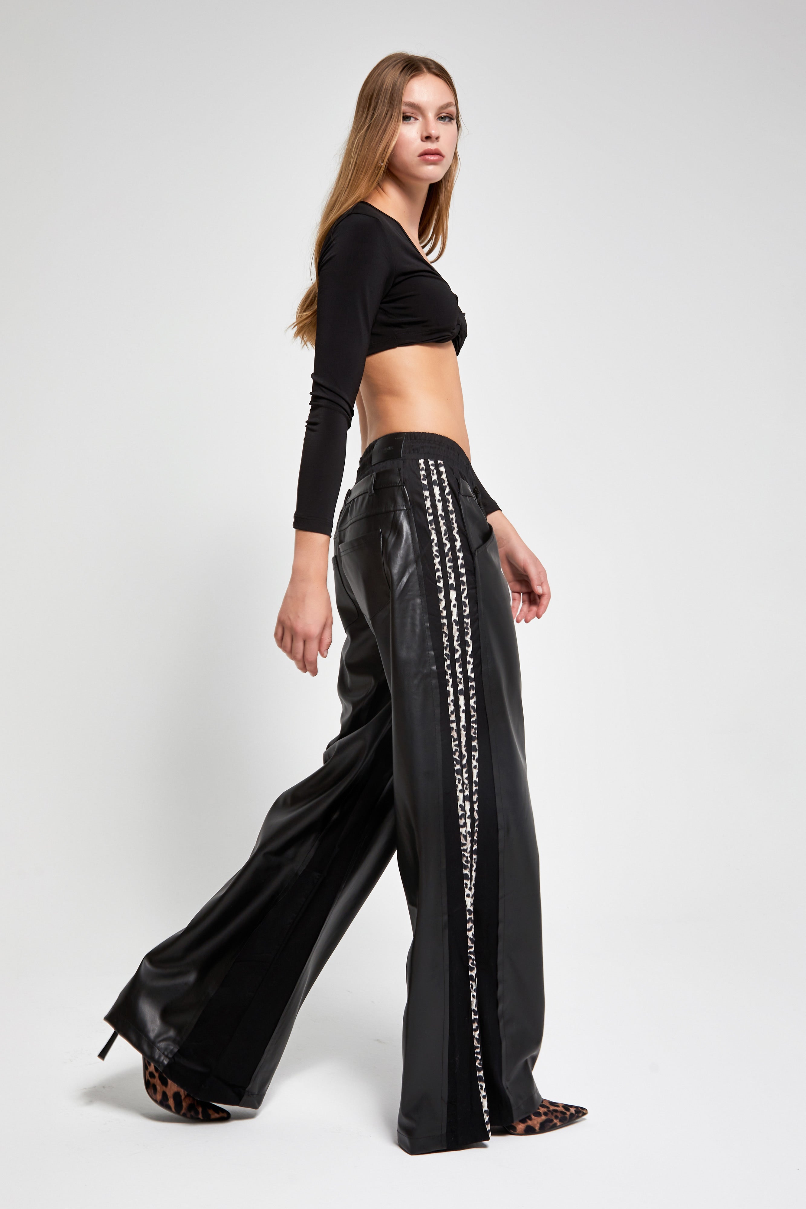 Women's Black Color Leather Fabric Blend Striped Design Trousers