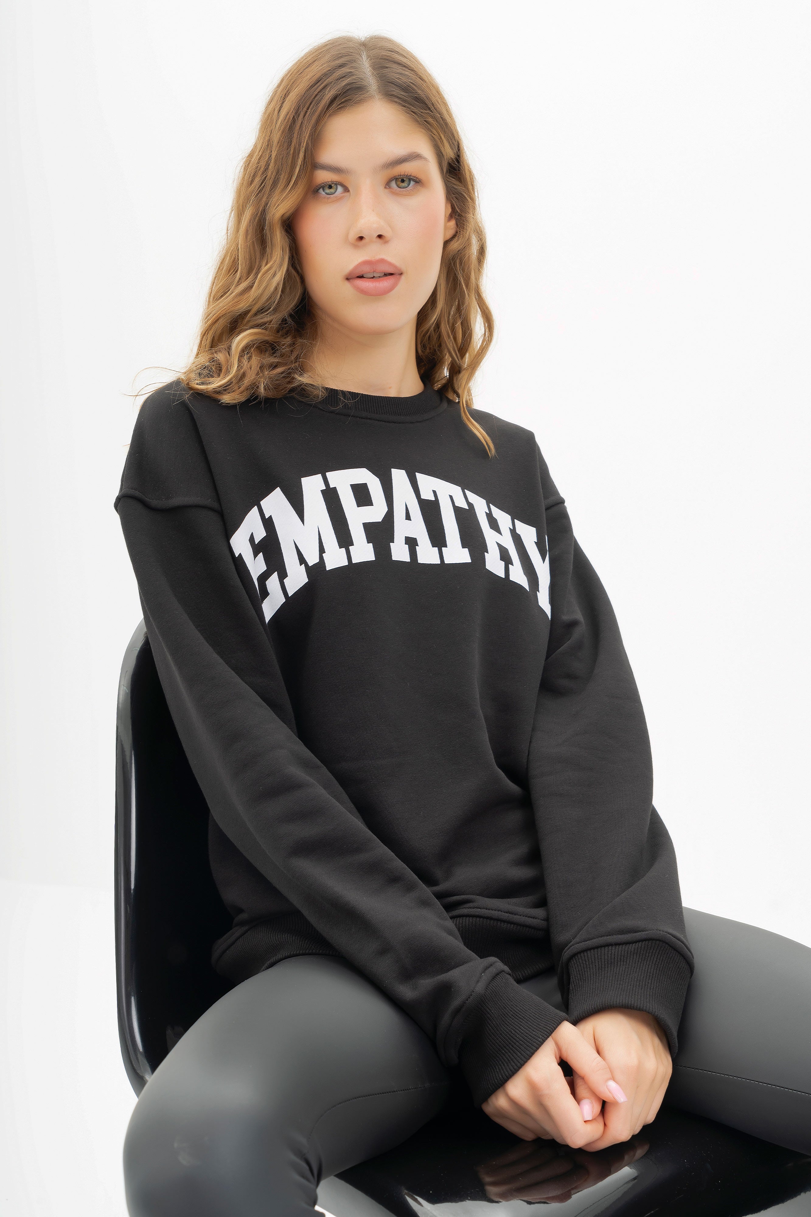 Women's Black Color Empathy Printed Oversize Three Thread Sweatshirt