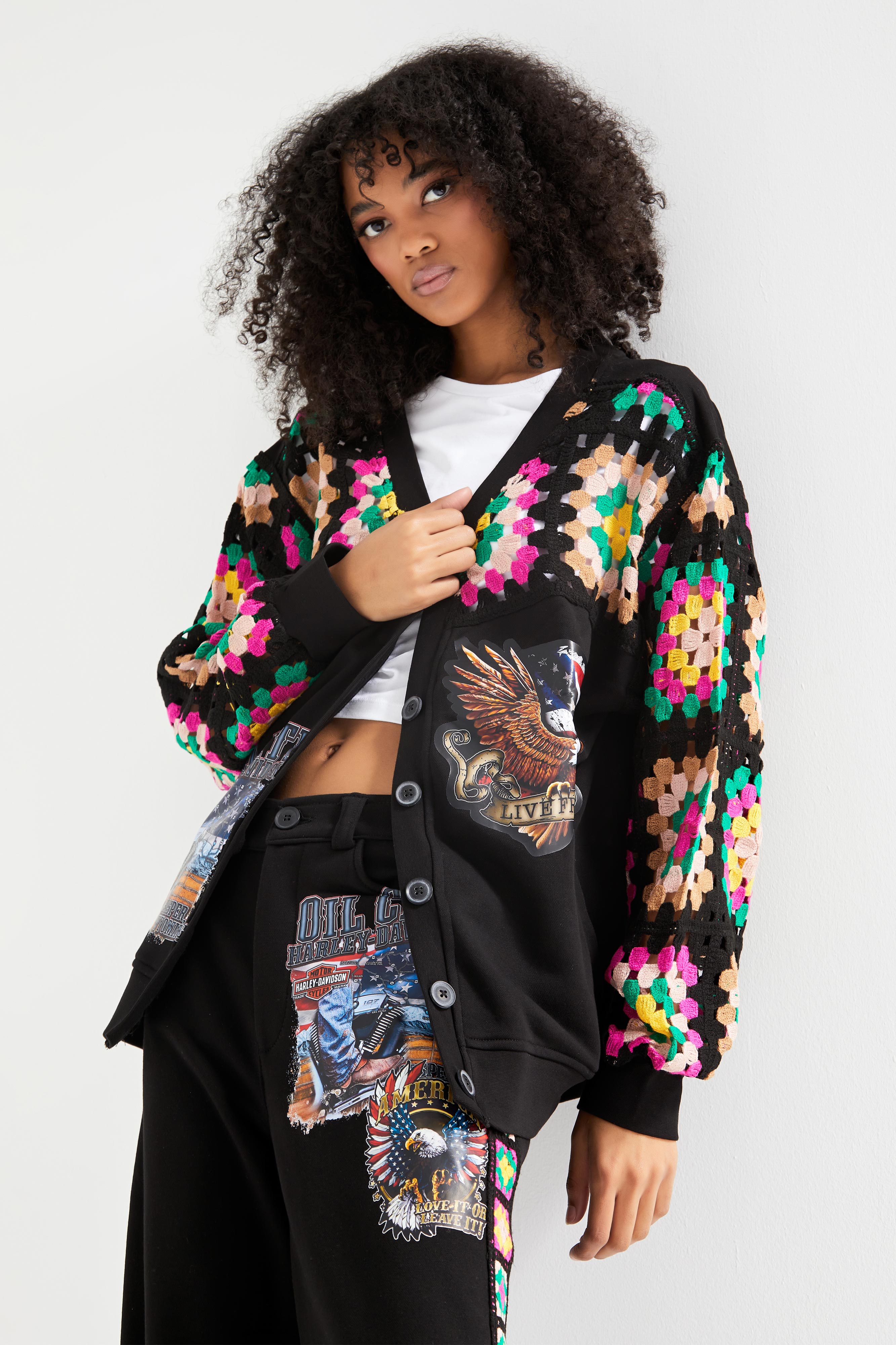 Women's Black Color Ethnic Pattern Printed Oversize Design Cardigan