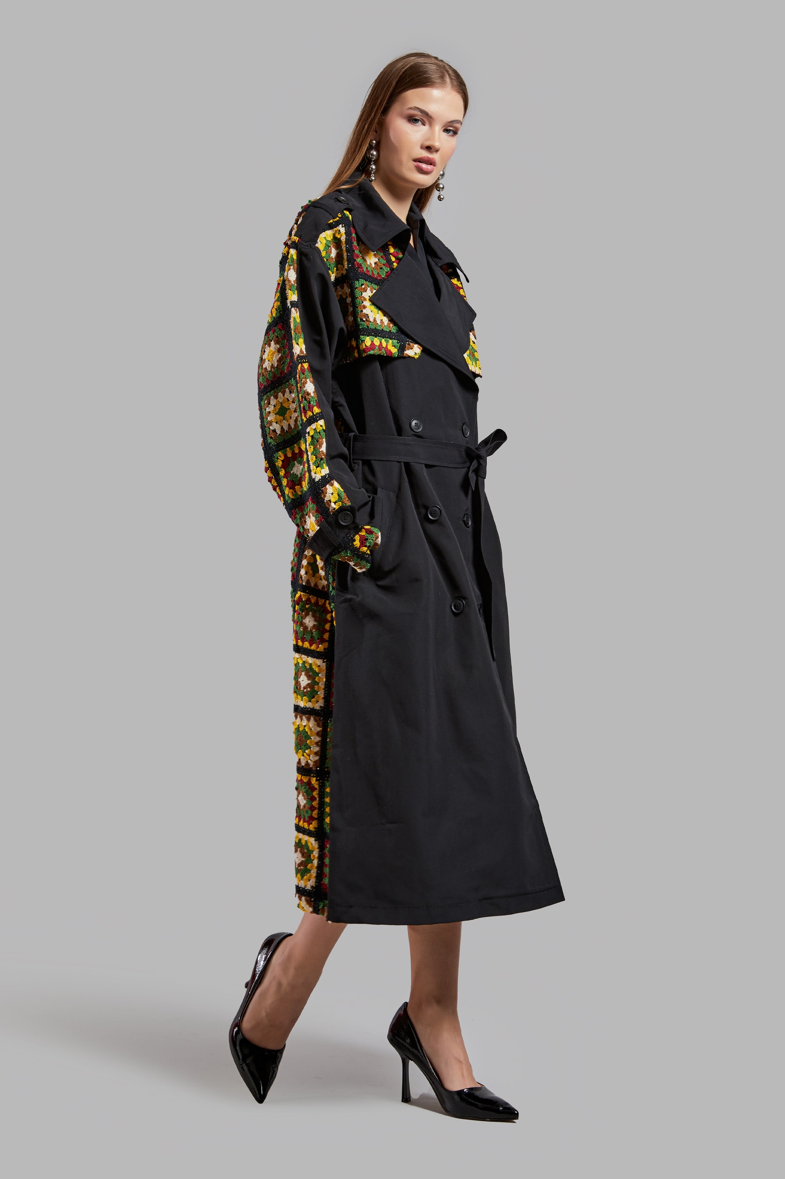 Women's Black Color Ethnic Patterned Long Length Belted Design Trench Coat