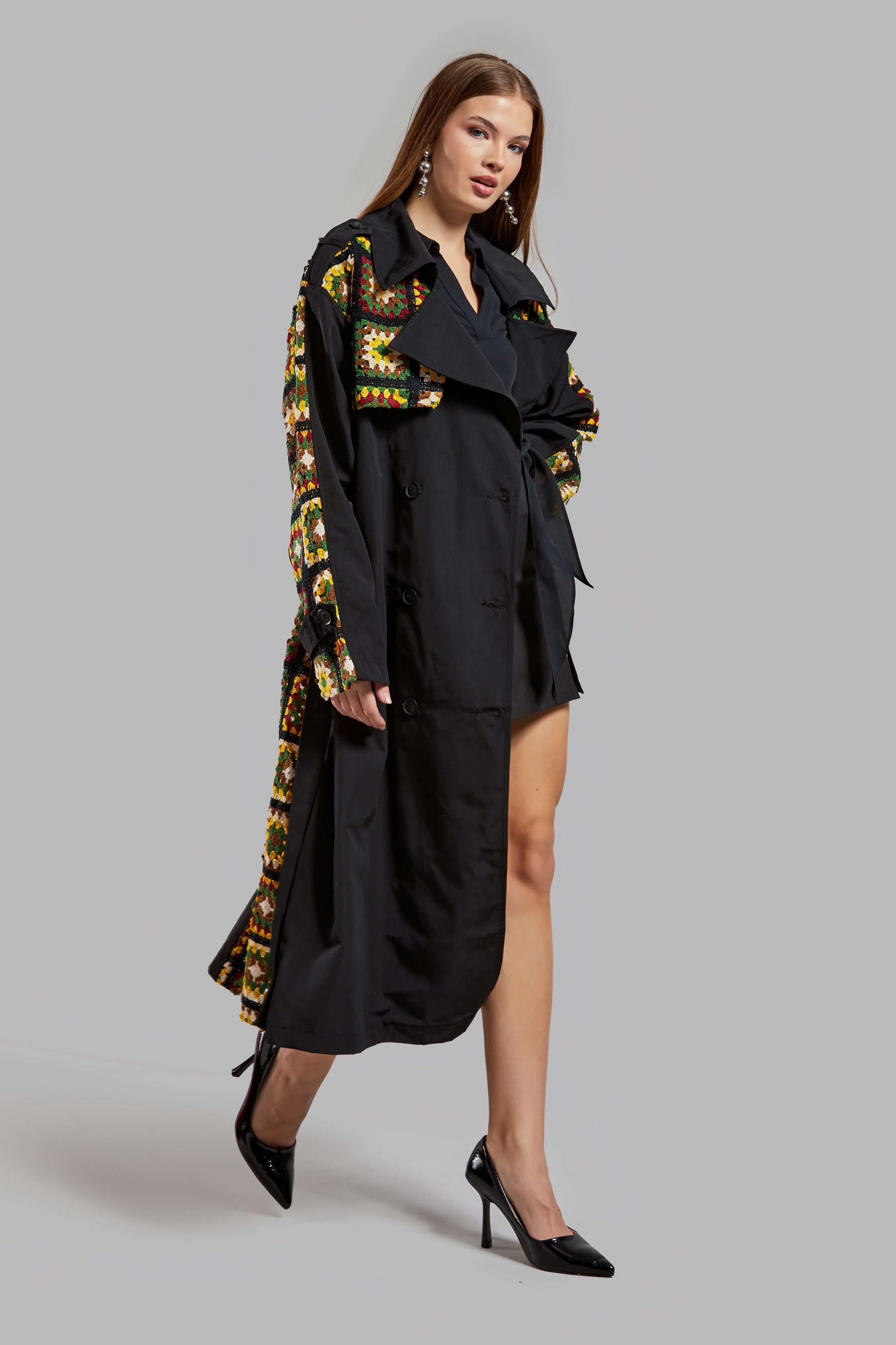 Women's Black Color Ethnic Patterned Long Length Belted Design Trench Coat