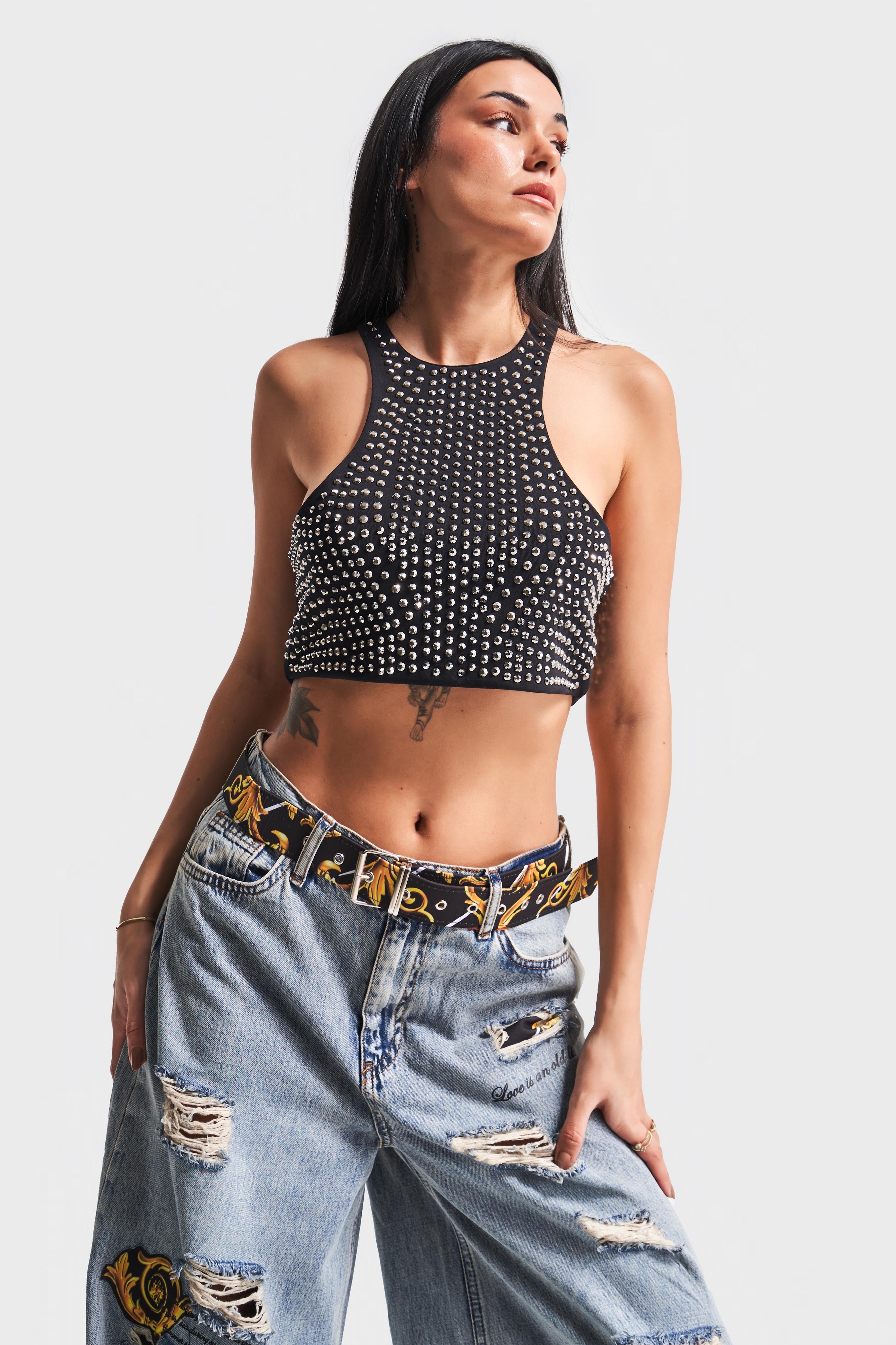 Women's Black Color Halter Neck Shiny Glued Stone Design Crop Top