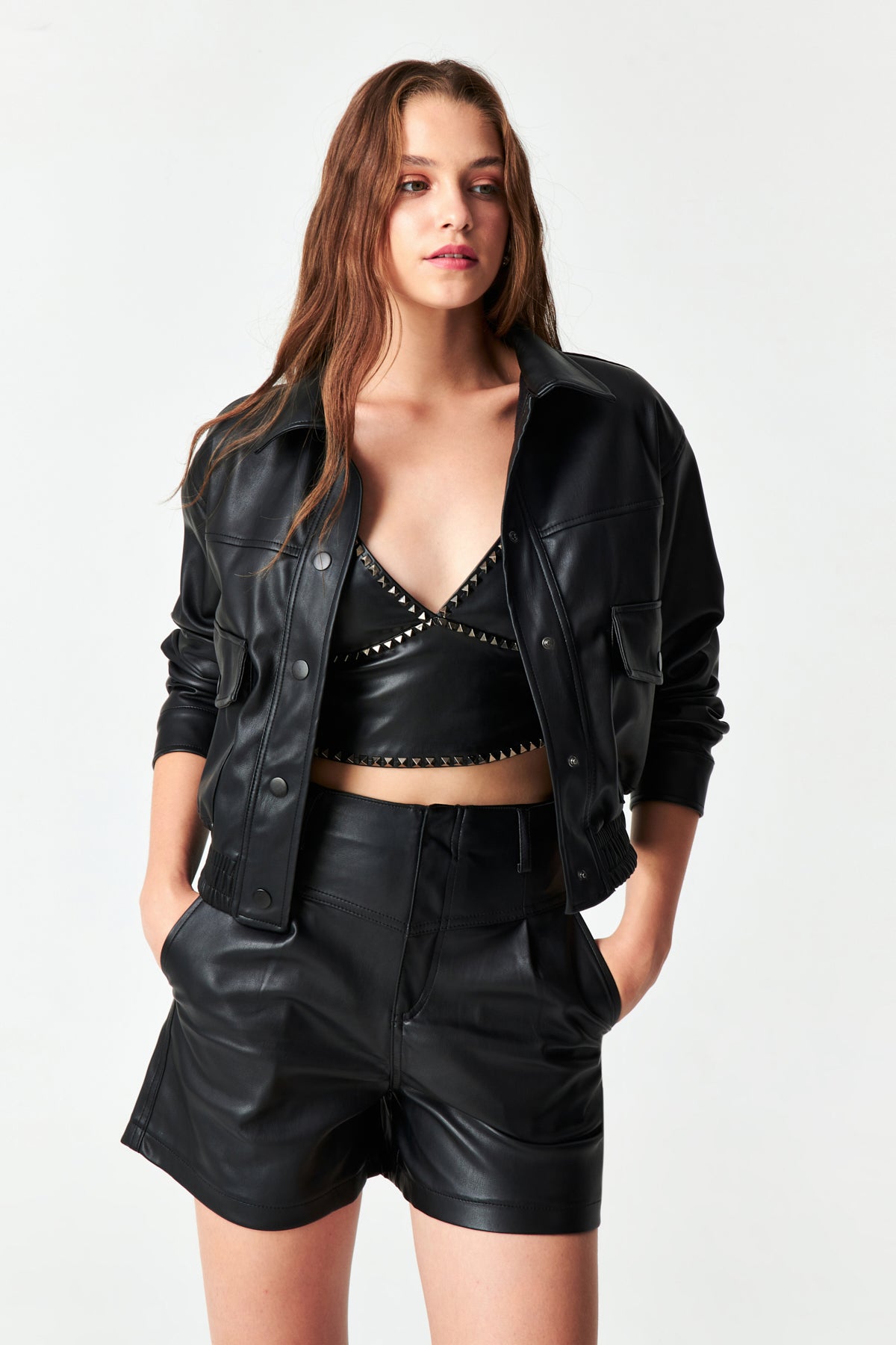 Women's Black Color Faux Leather Buttoned Front Bomber Jacket with Raised Interior