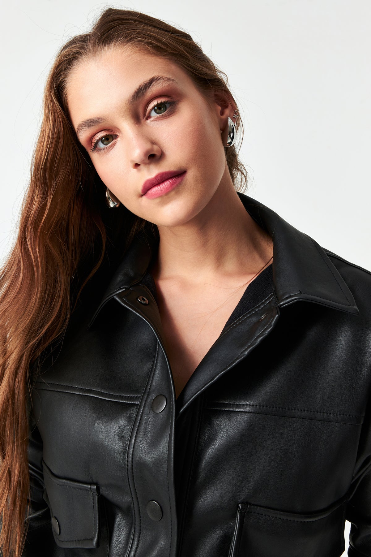 Women's Black Color Faux Leather Buttoned Front Bomber Jacket with Raised Interior