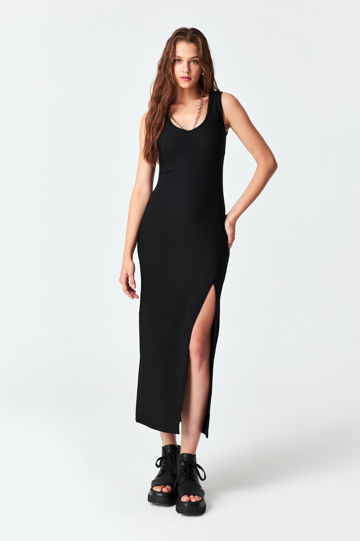 Women's Black Color Thin Ribbed Super Flexible Slit Long Dress