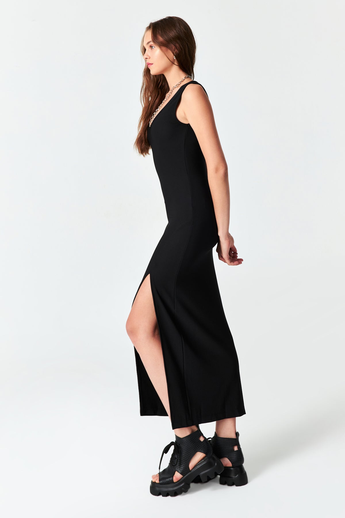 Women's Black Color Thin Ribbed Super Flexible Slit Long Dress