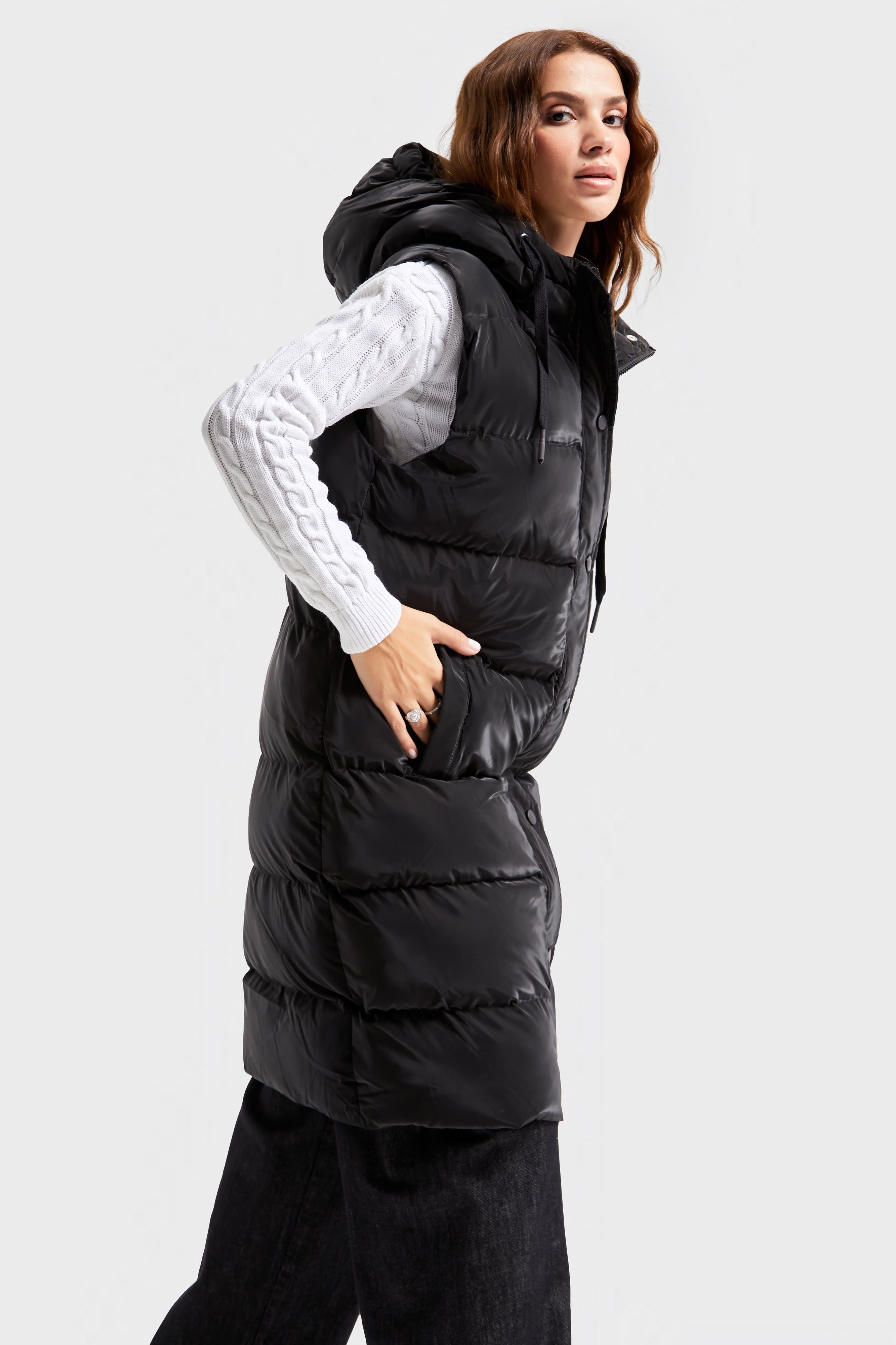 Women's Black Color Hooded Puffer Long Vest