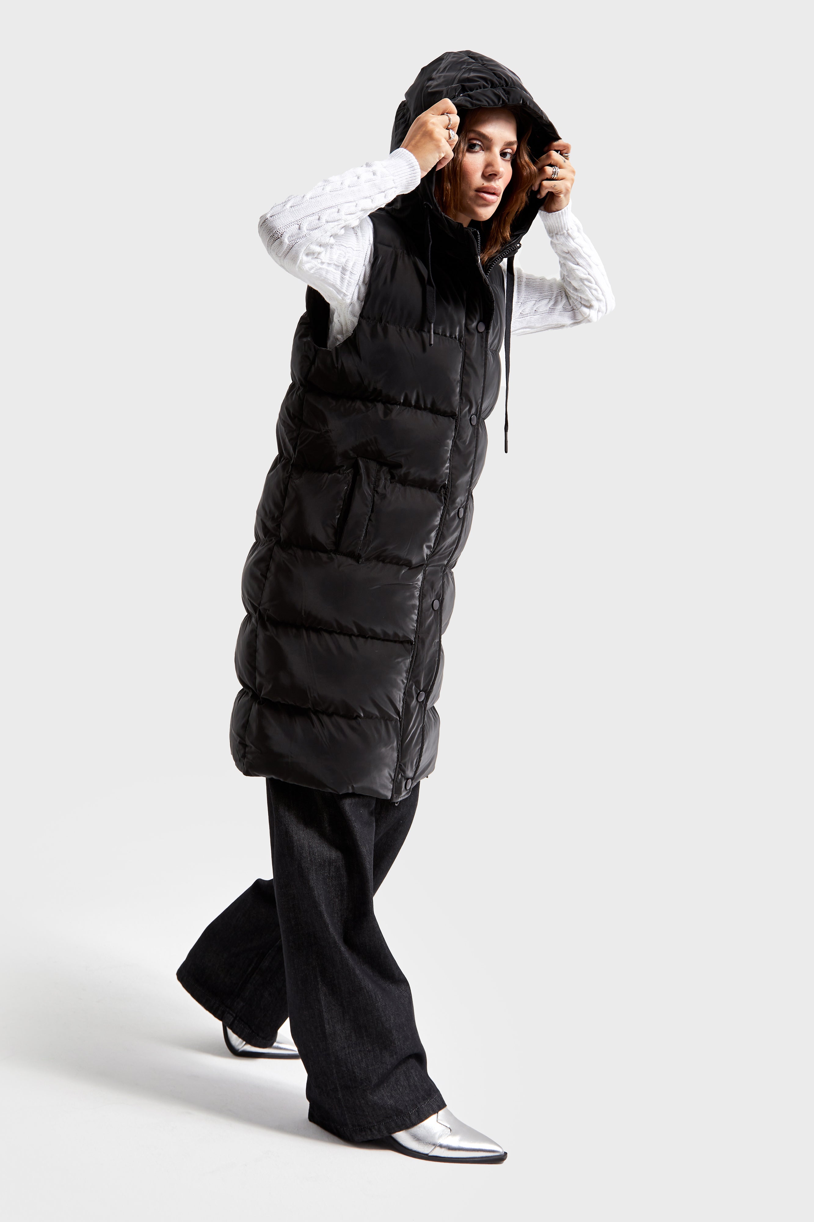 Women's Black Color Hooded Puffer Long Vest