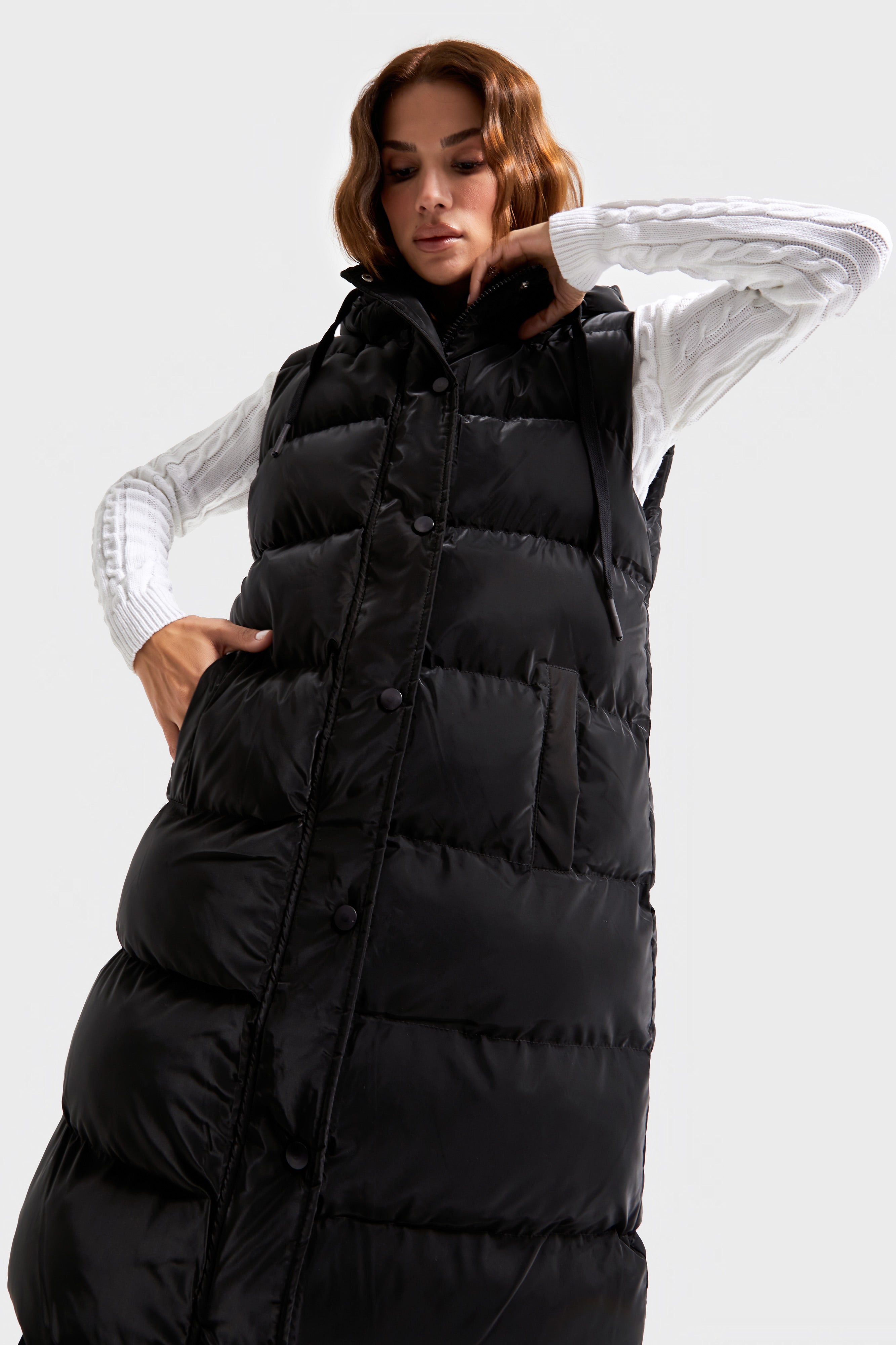 Women's Black Color Hooded Puffer Long Vest