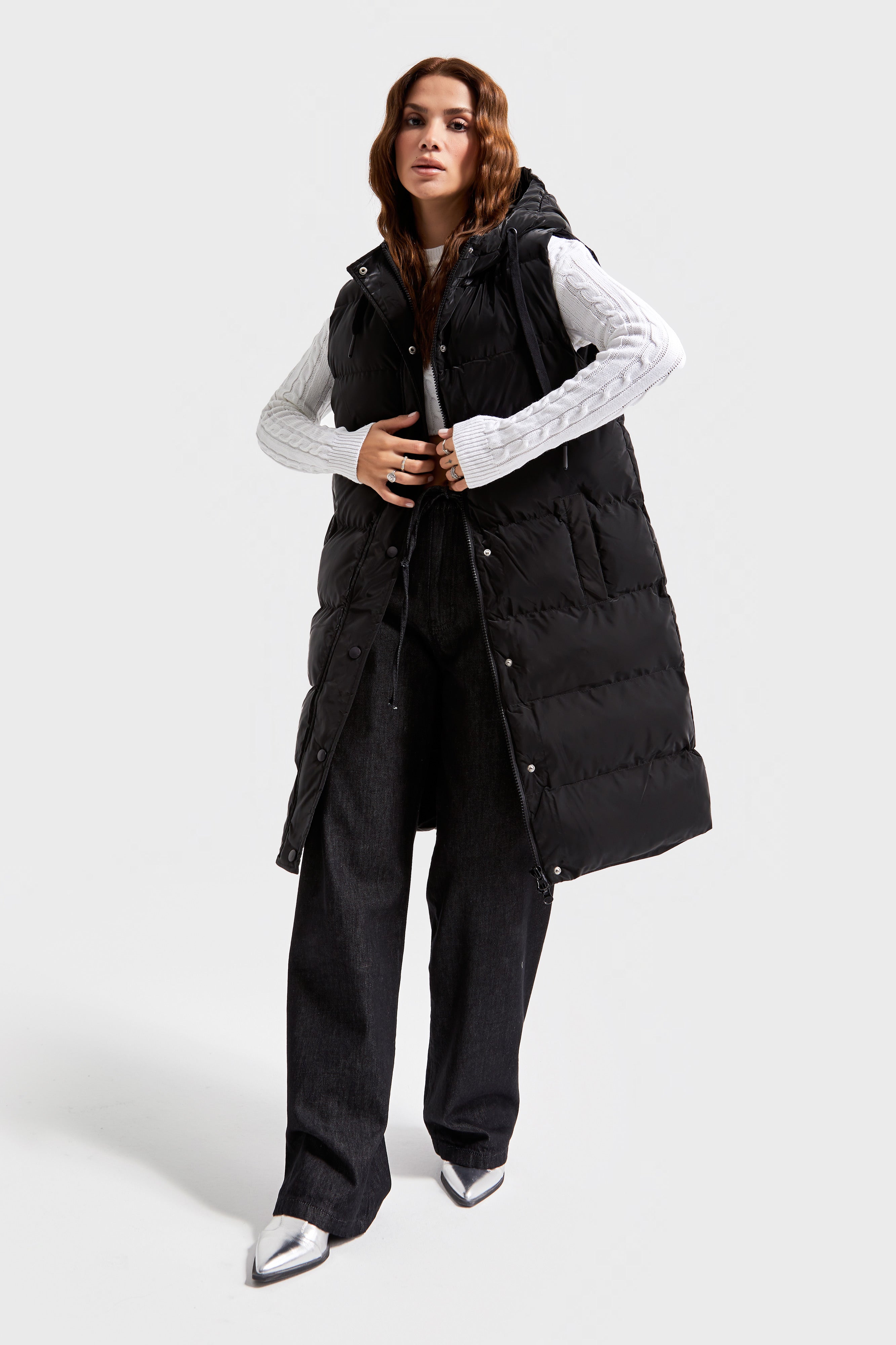 Women's Black Color Hooded Puffer Long Vest