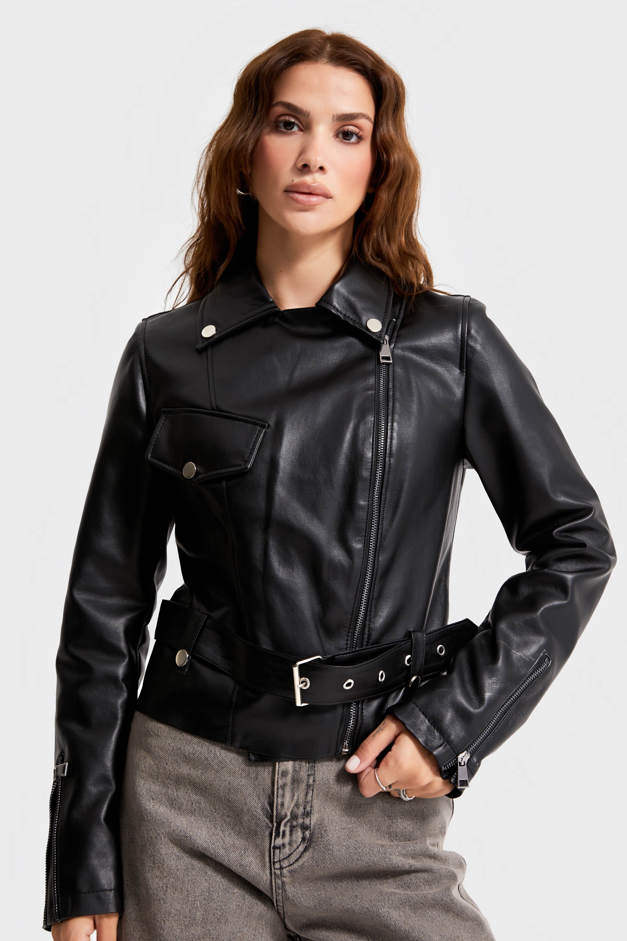 Women's Black Color Belted Faux Leather Jacket