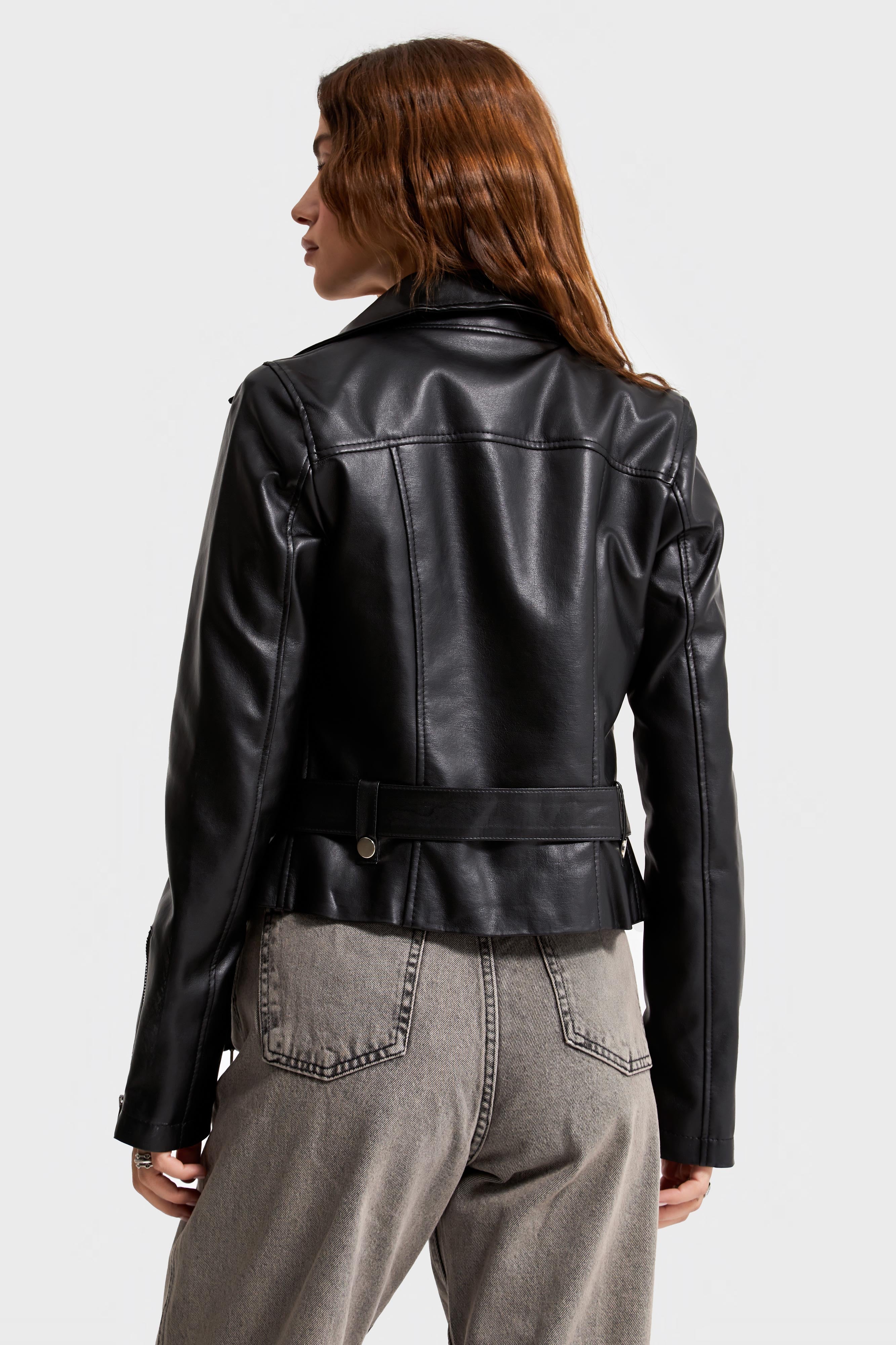 Women's Black Color Belted Faux Leather Jacket