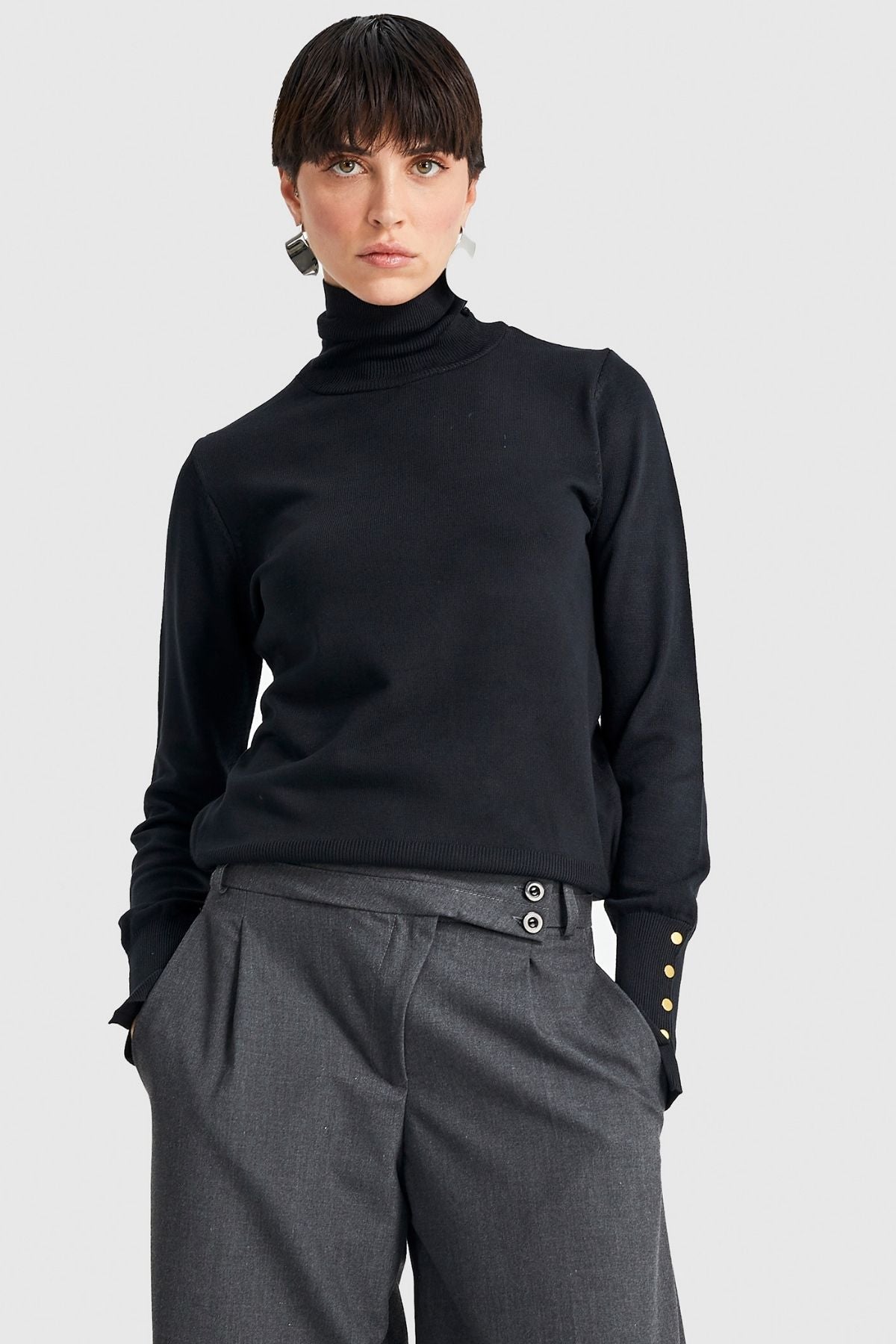 Women's Black Color Buttoned Turtleneck Knitwear Sweater