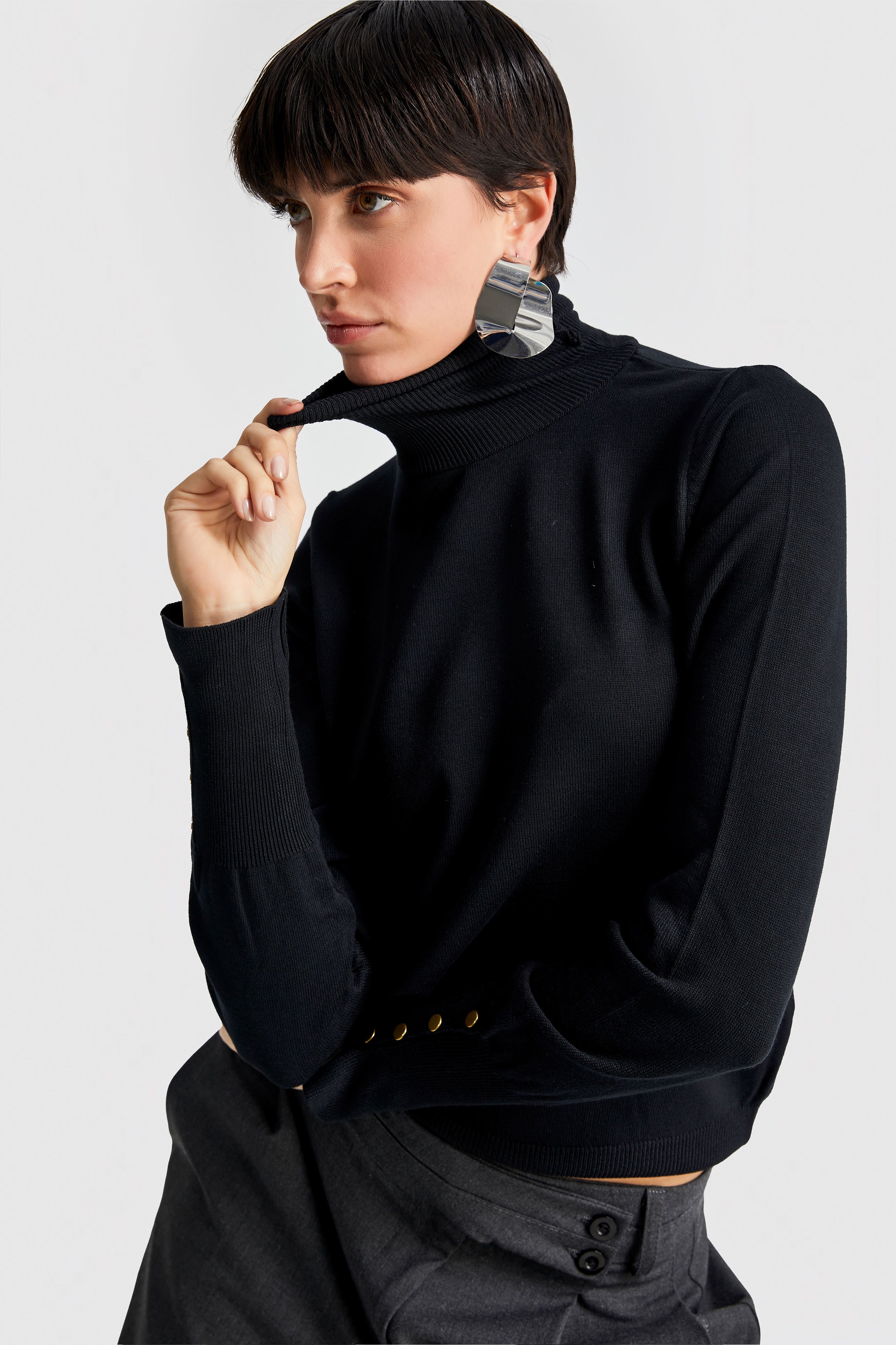 Women's Black Color Buttoned Turtleneck Knitwear Sweater