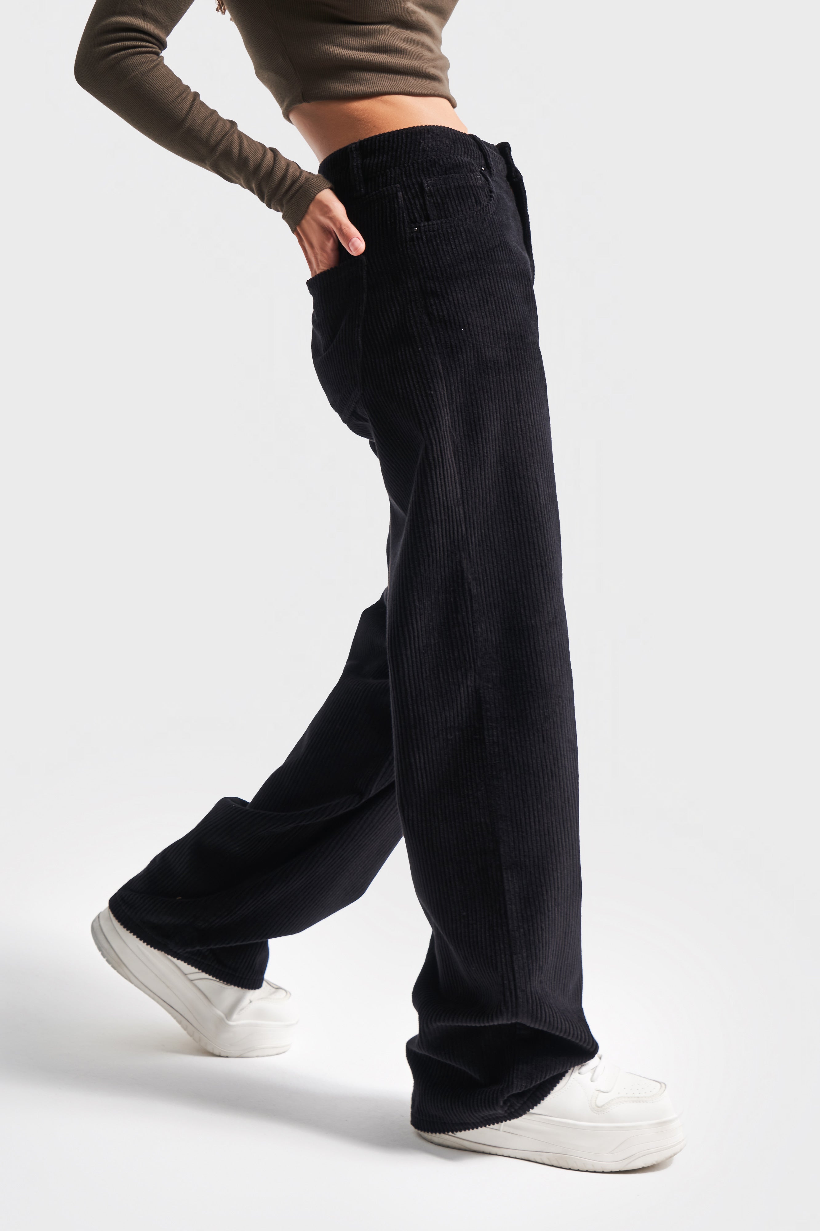 Women's Black Color Loose Fit Thick Corduroy Trousers