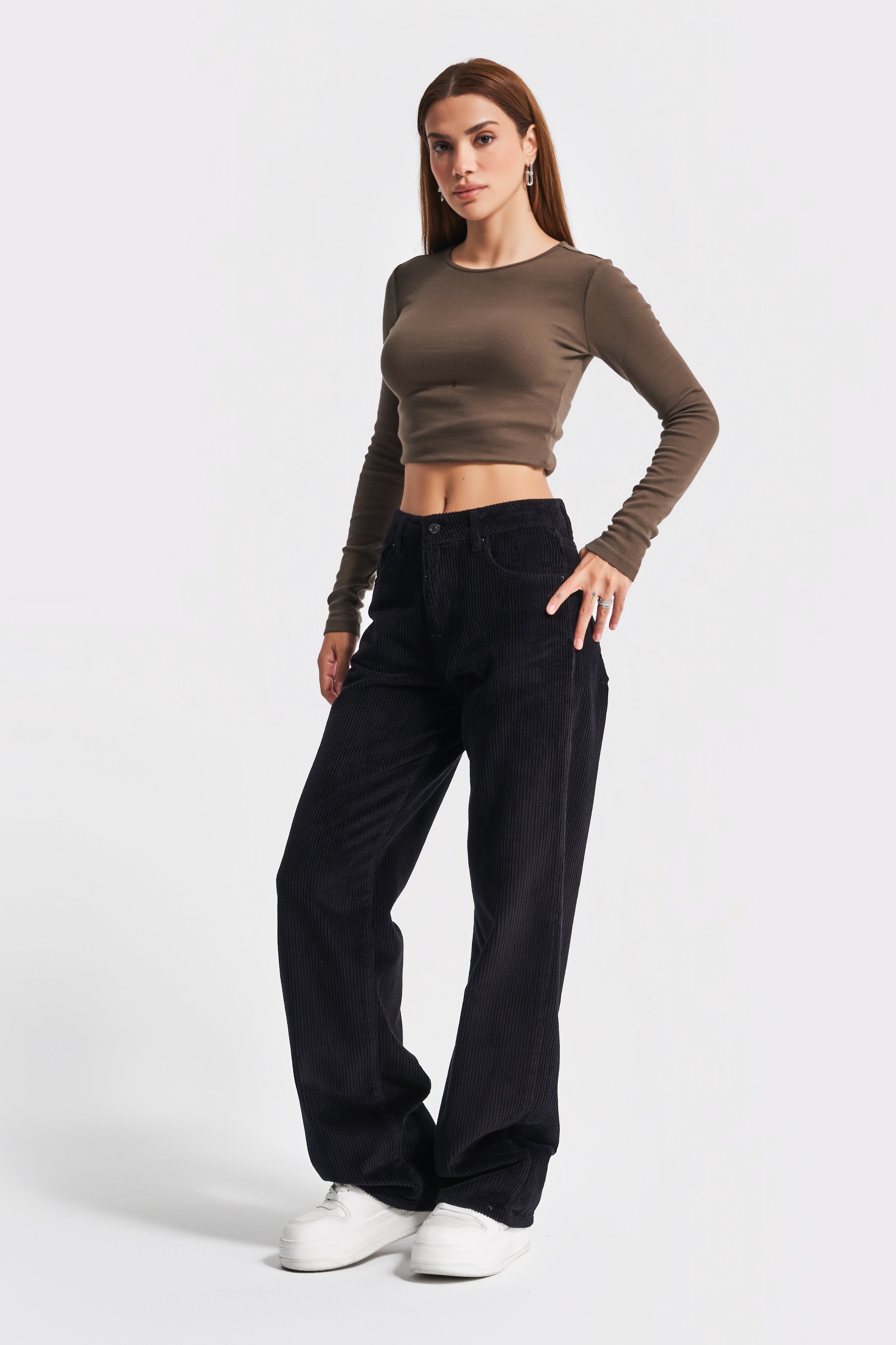 Women's Black Color Loose Fit Thick Corduroy Trousers