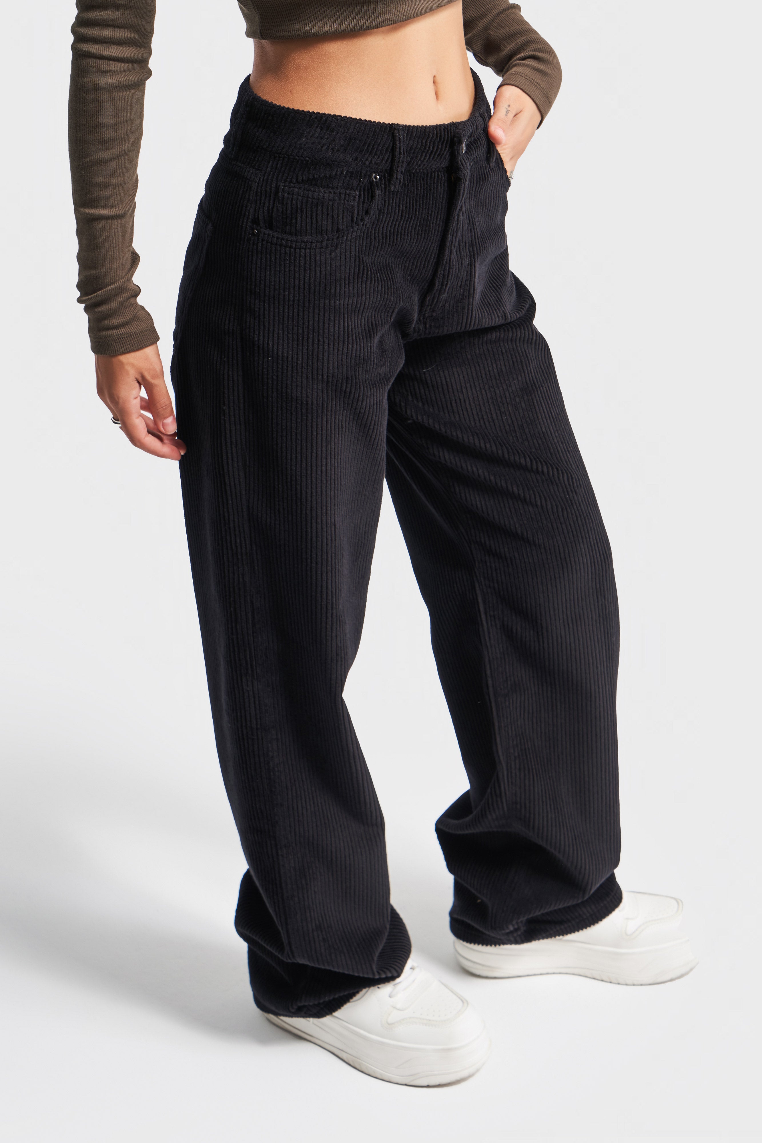 Women's Black Color Loose Fit Thick Corduroy Trousers