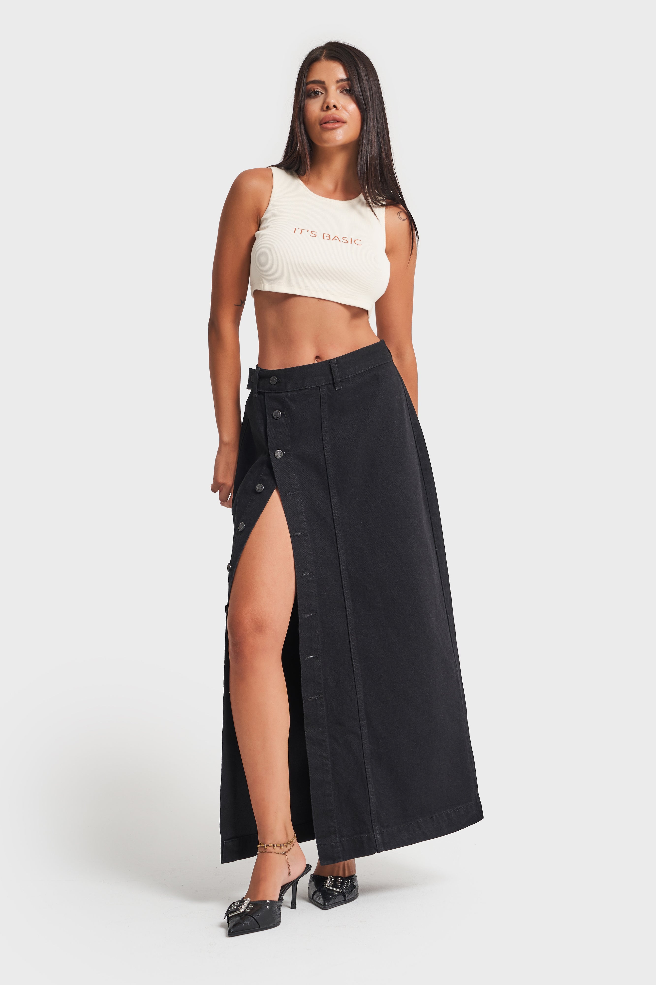 Women's Black Color Front Buttoned Maxi Length Denim Skirt