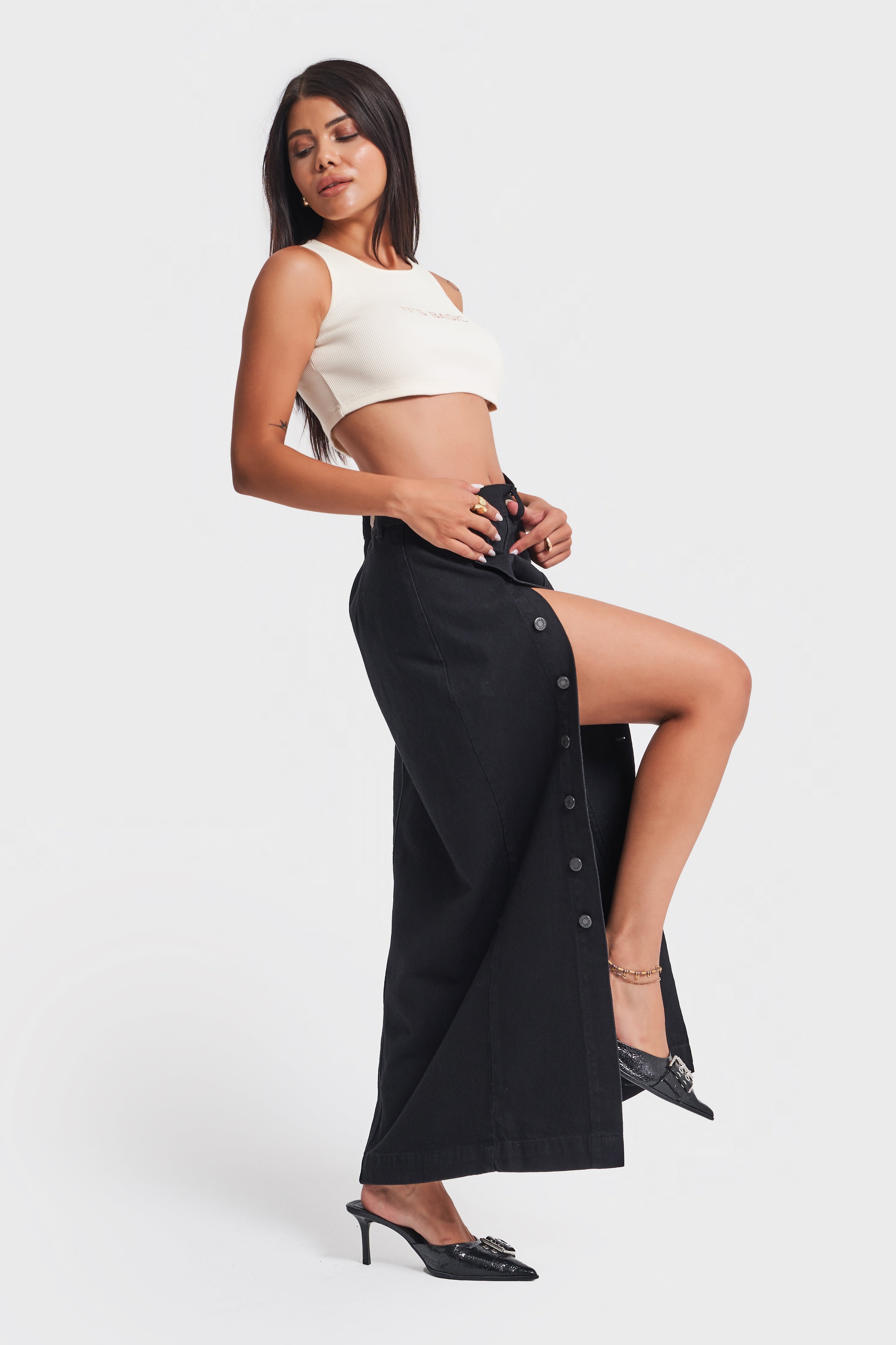 Women's Black Color Front Buttoned Maxi Length Denim Skirt