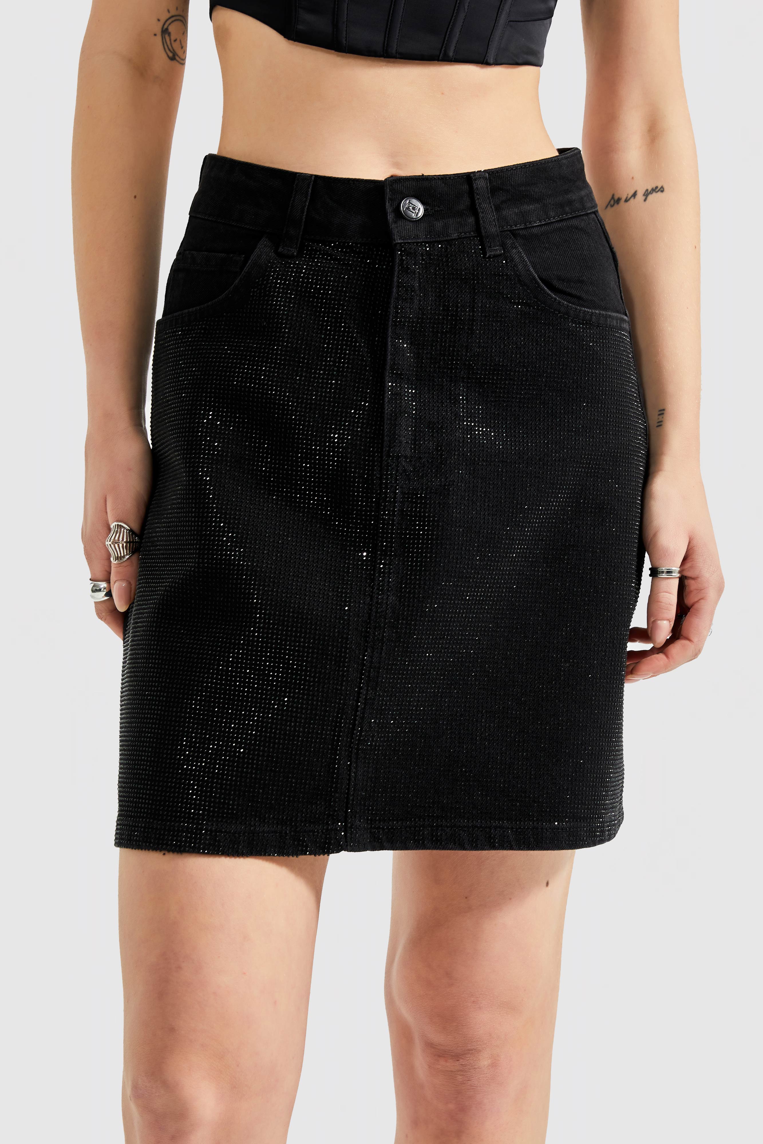 Women's Black Color Front Shiny Stone Straight Fit Denim Skirt